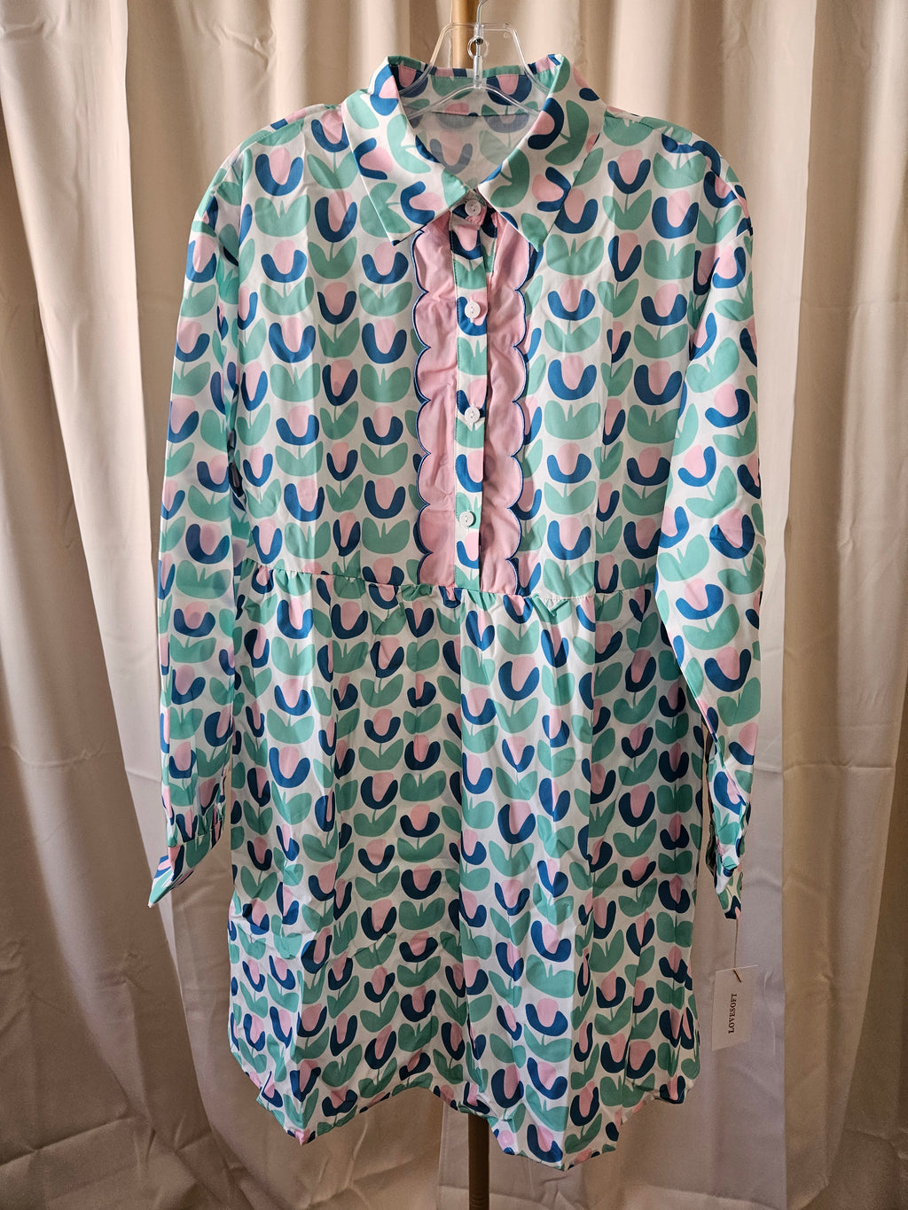 Lovesoft Green Floral Print Notched Neck Scallop Design Long Sleeve Mini Dress