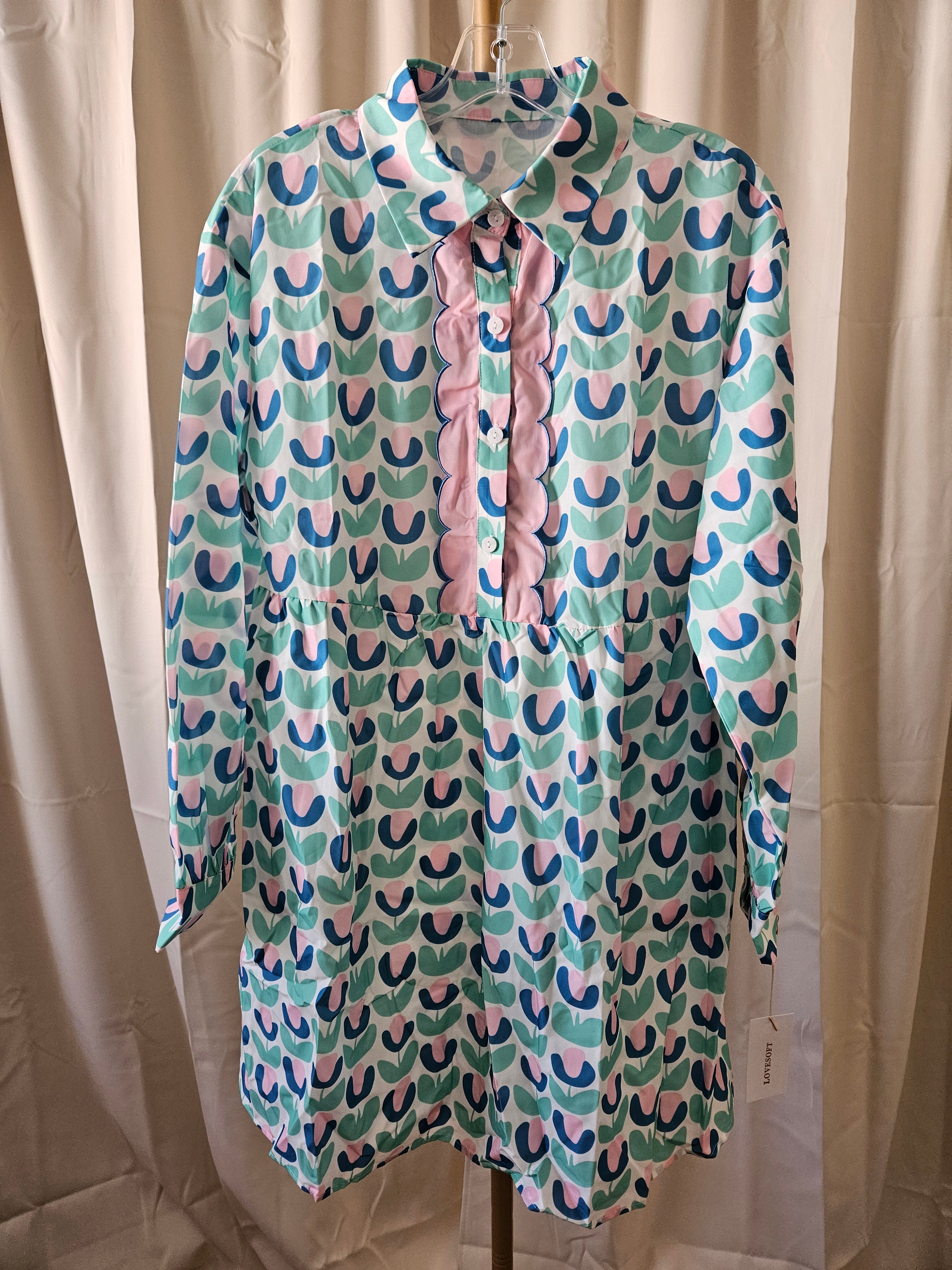 Lovesoft Green Floral Print Notched Neck Scallop Design Long Sleeve Mini Dress