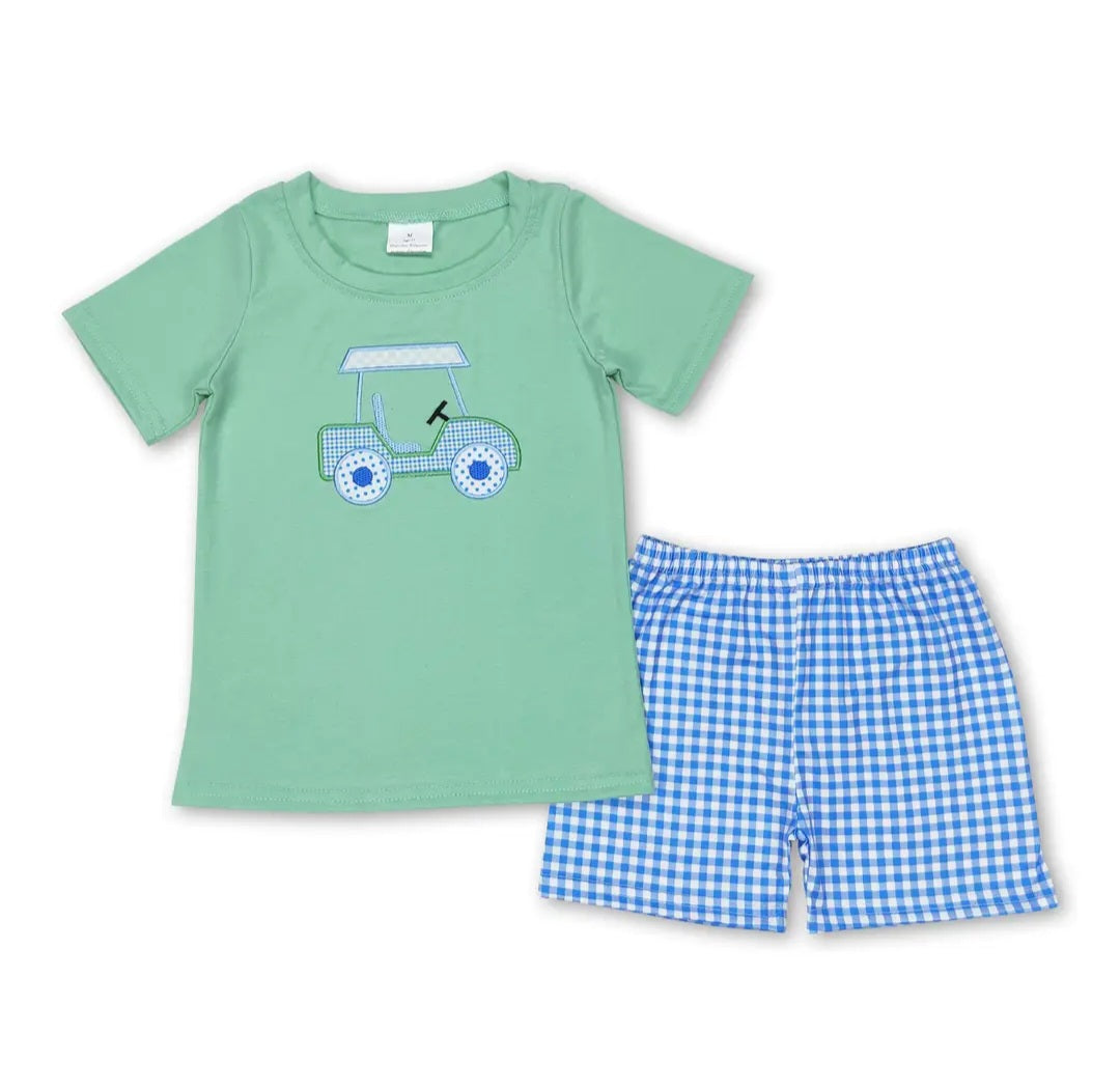 Yawoo Toddler 2-Piece Golf Cart Outfit | Blue & White Gingham Shorts | Size 3T