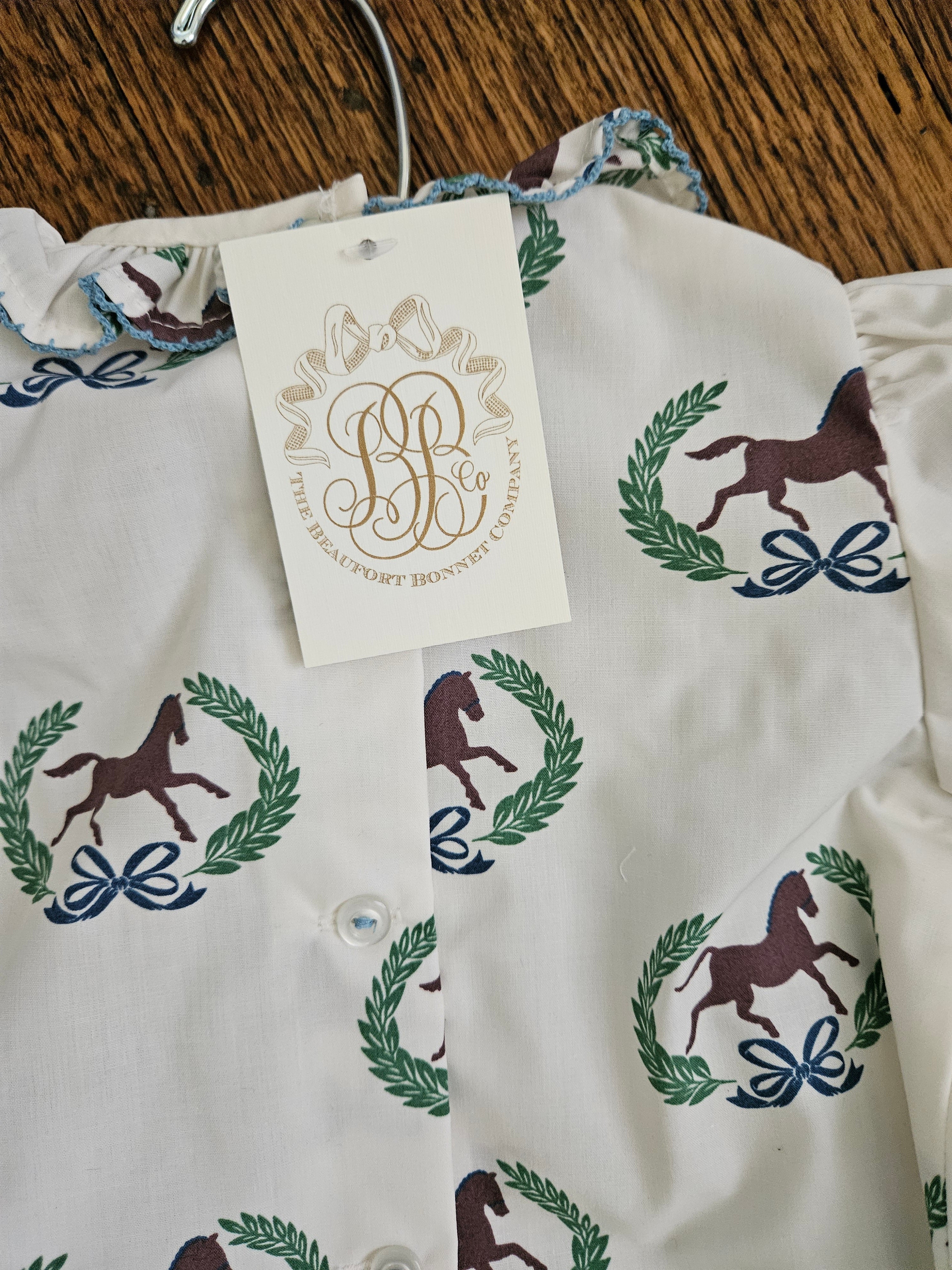 The Beaufort Bonnet Company Bon Air Bloomer Set Horse Print & Blue Gingham NWT Sz 6-12M
