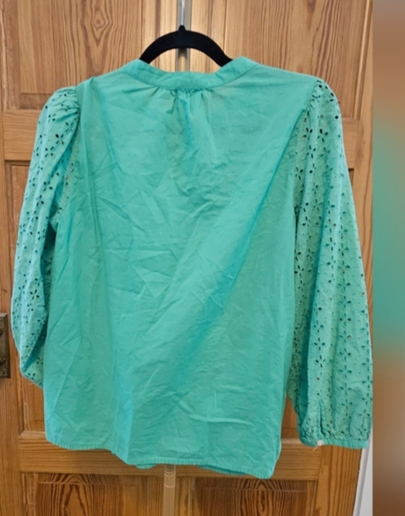 J.Crew Mint Green Laser Cut Out Button Up Top Size Small