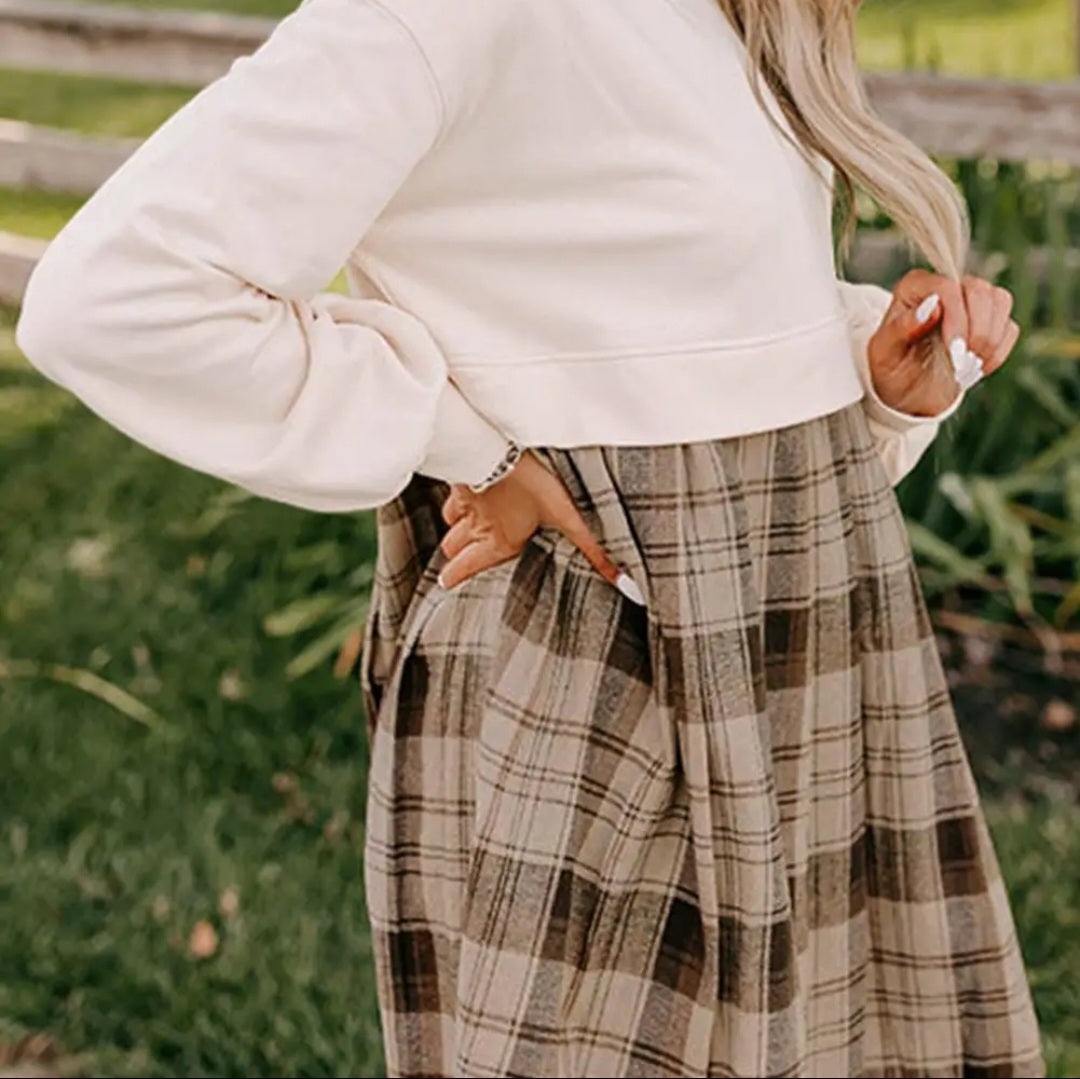 Lovesoft Beige Plaid Patchwork High Waist Sweatshirt Mini Dress Sz Sm