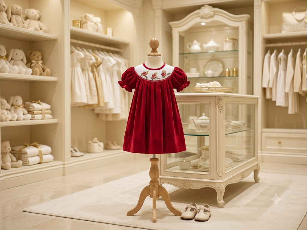 Lil Cactus Smocked Reindeer Red Velvet Dress with Matching Bows |