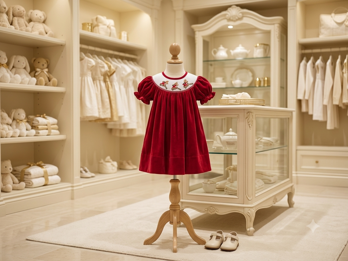 Lil Cactus Smocked Reindeer Red Velvet Dress with Matching Bows |