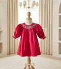 Love Me Red Smocked Bishop Dress with Pearls | Long Puff Sleeves |