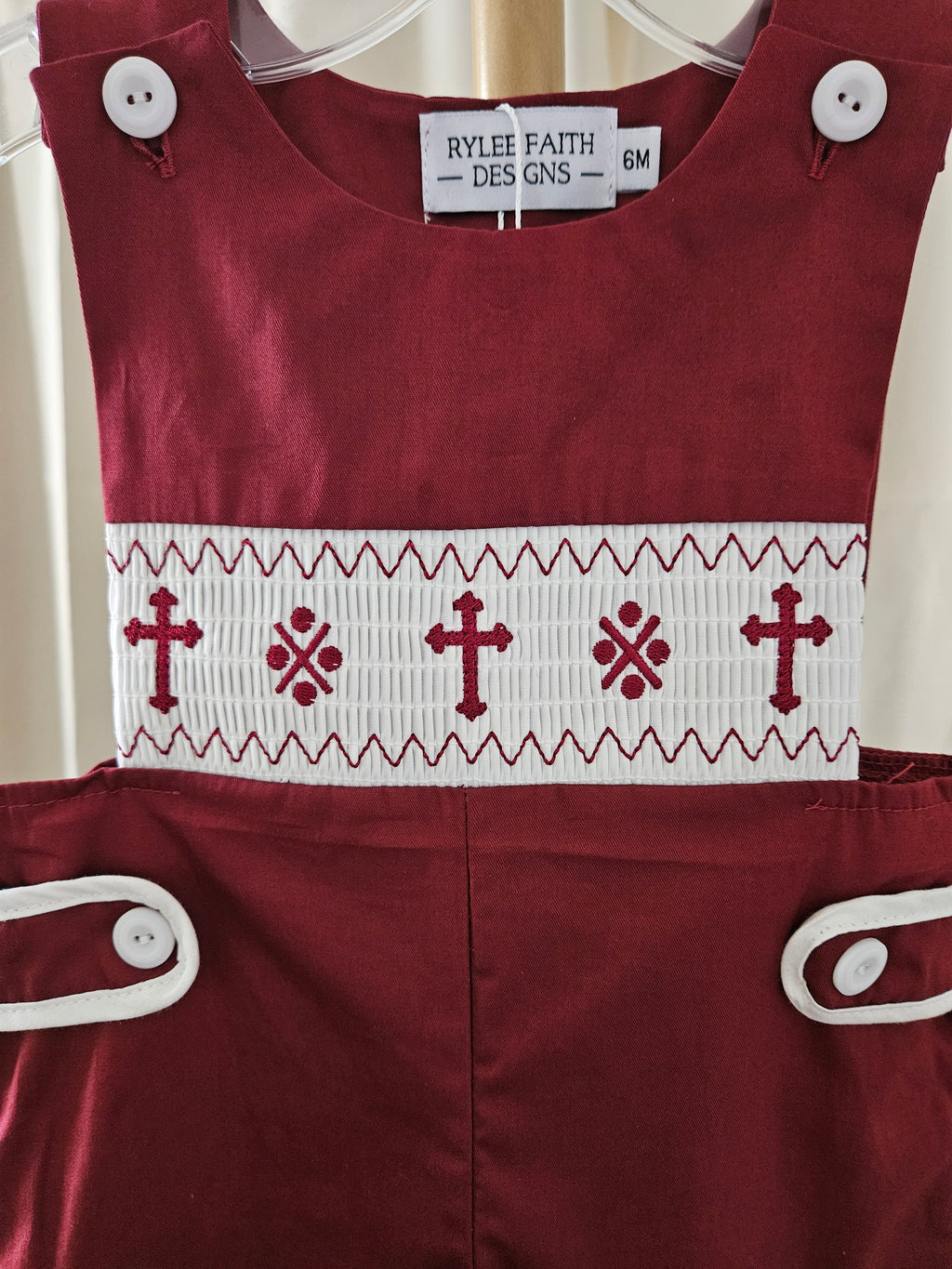 Rylee Faith Designs Dark Red Smocked Christening Bishop Romper