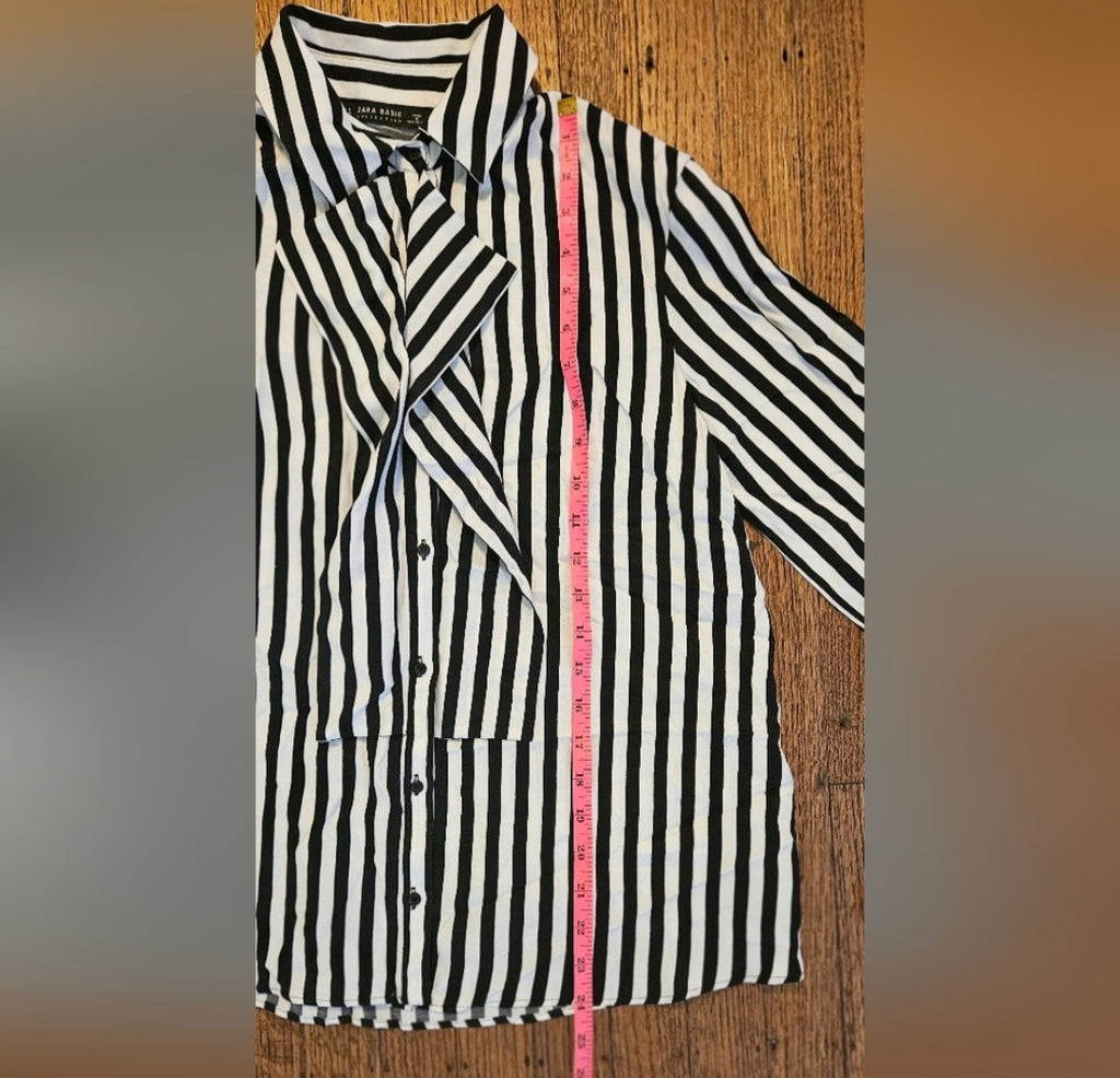 Zara Basic Blk & White Striped Wide Cuff Button Up Blouse Size Medium