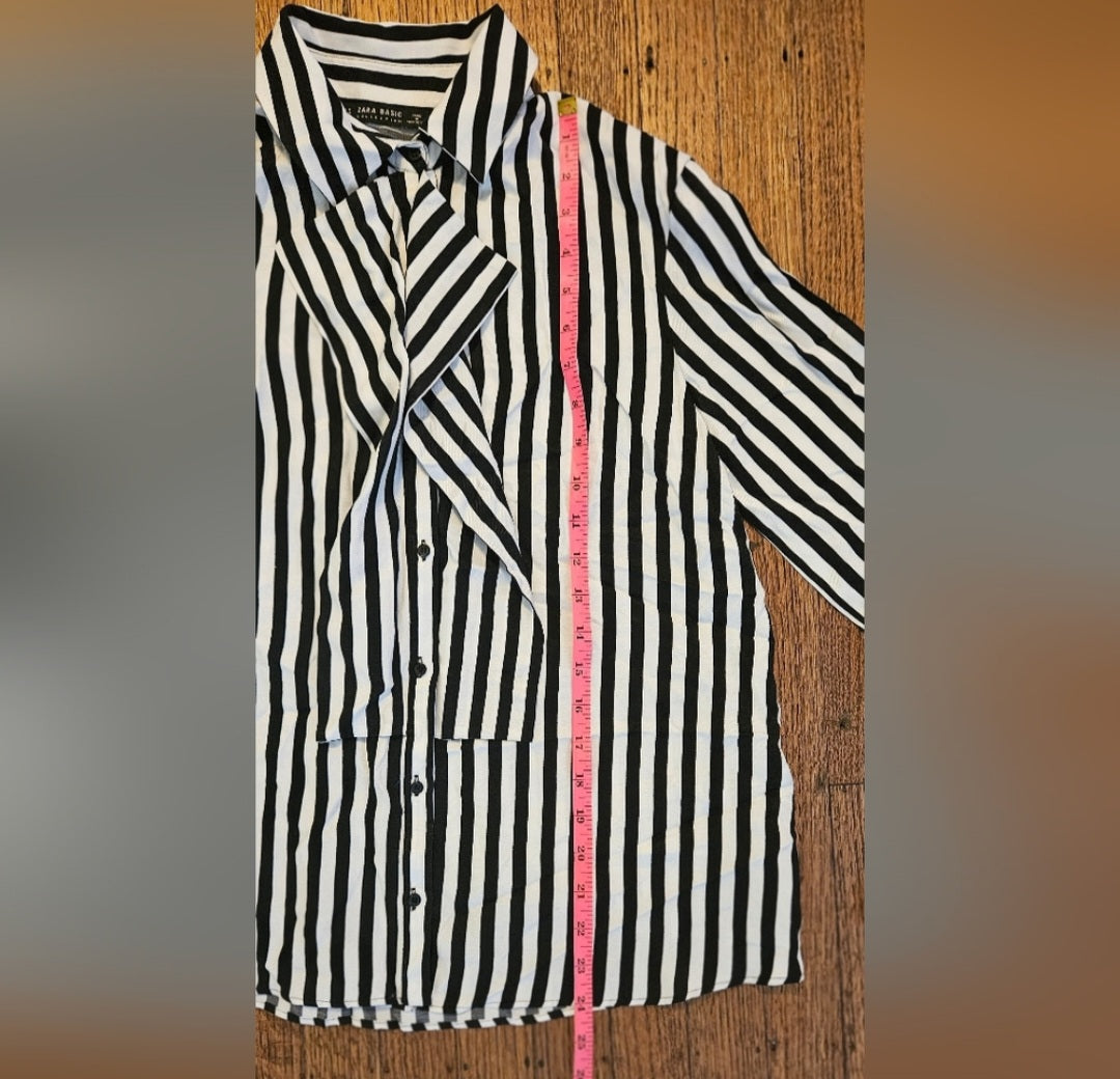 Zara Basic Blk & White Striped Wide Cuff Button Up Blouse Size Medium