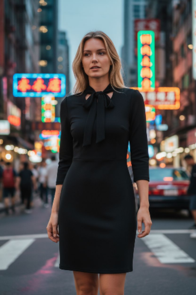 Naoko Elegant Black Strewardess Dress with Bow Detail Sz XS