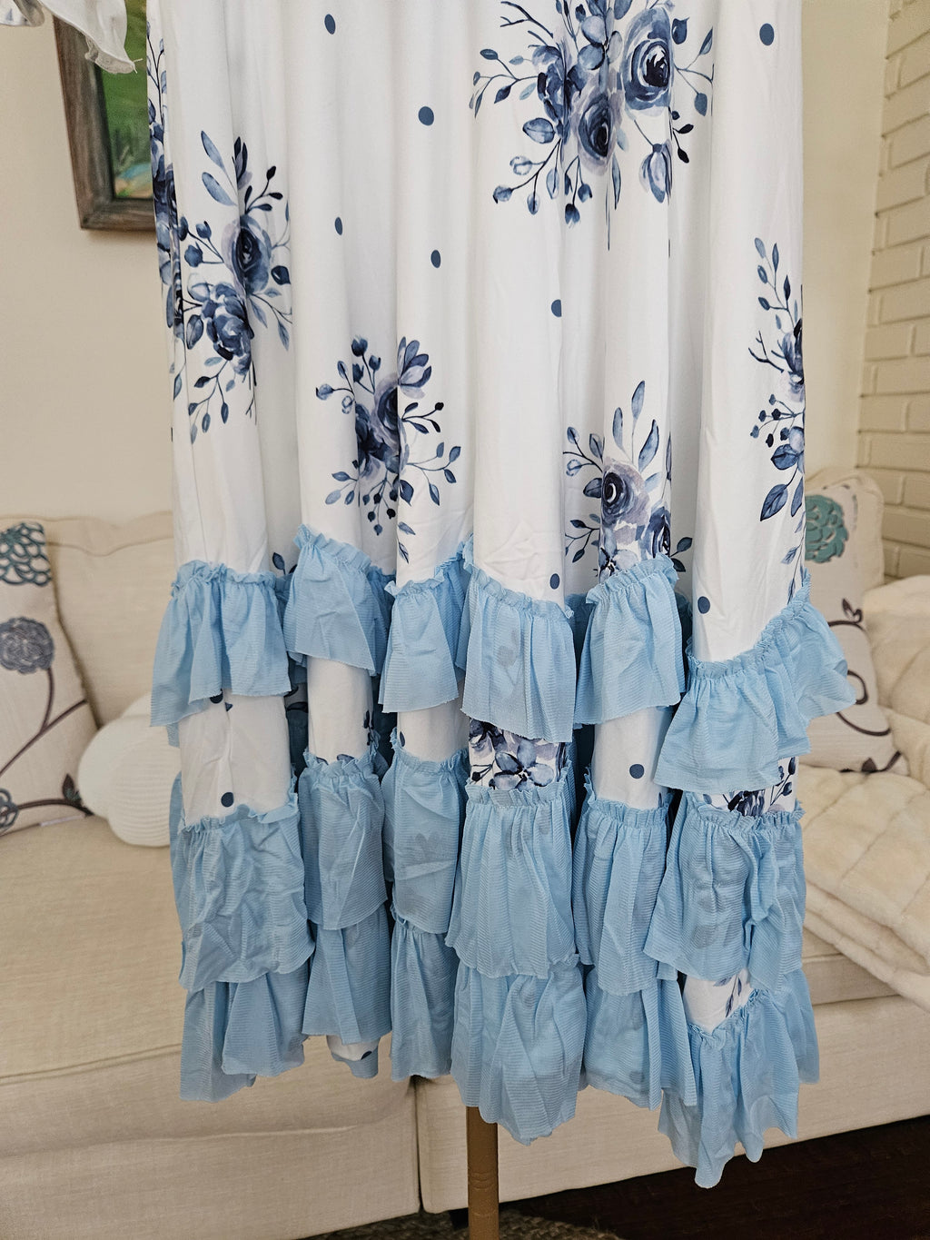 Oopsie Daisy Blue Floral Long Ruffle Dress