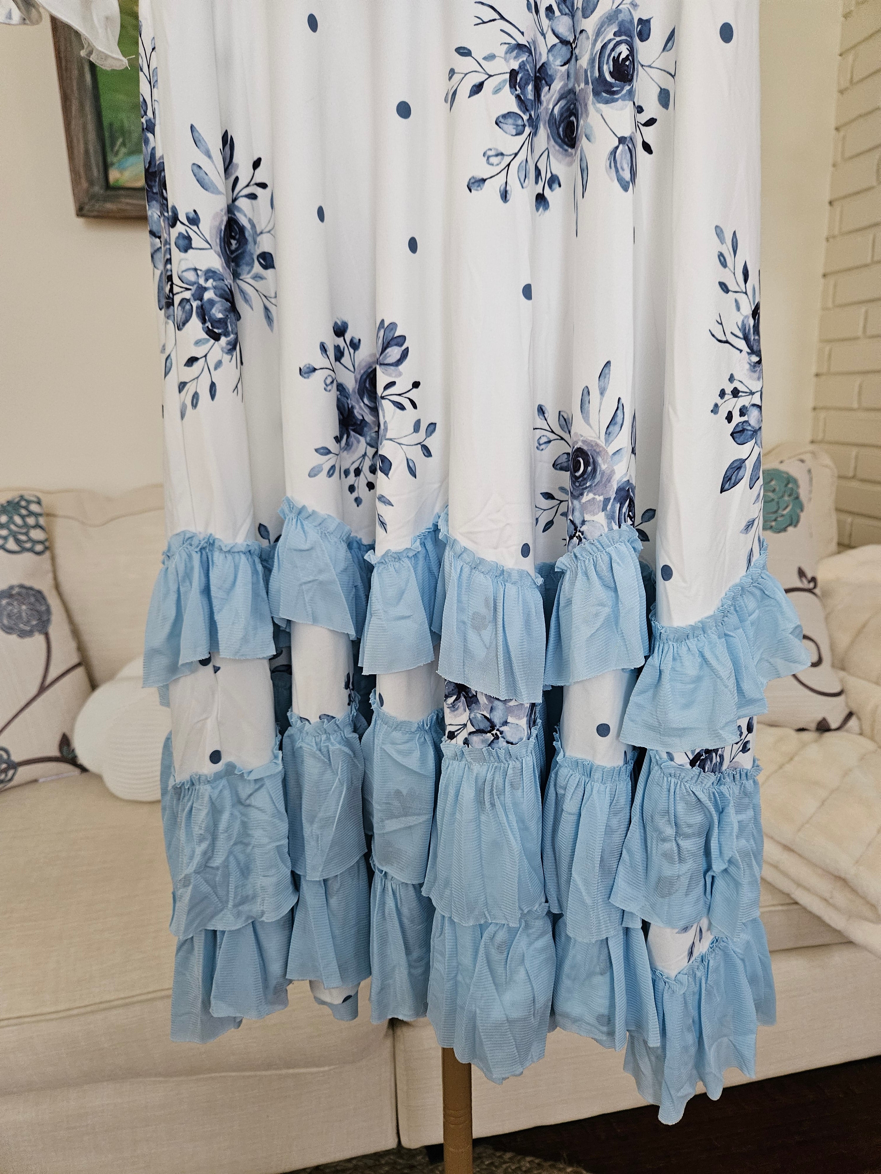Oopsie Daisy Blue Floral Long Ruffle Dress