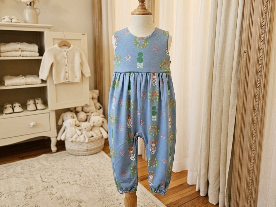 The Beaufort Bonnet Company Rebecca Romper Topiaries & Tangerines Barrington Blue NWT 18-24M