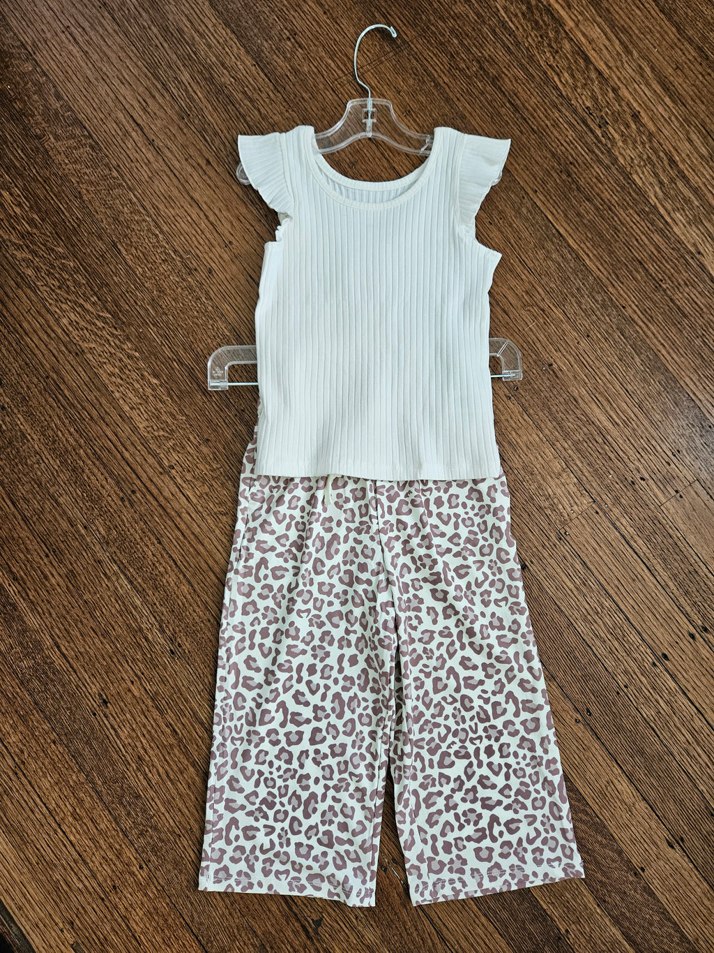 Millie Loves Lily Off White Ribbed Flutter Sleeve Top & Leopard Wide Leg Pant Set | Sizes 4, 5, 6
