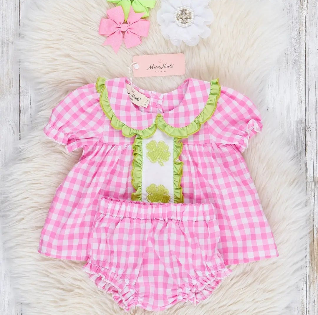 Marie Nicole Magenta & Lime Embroidered Shamrocks Ruffle Bloomers Set Sz 12-18M