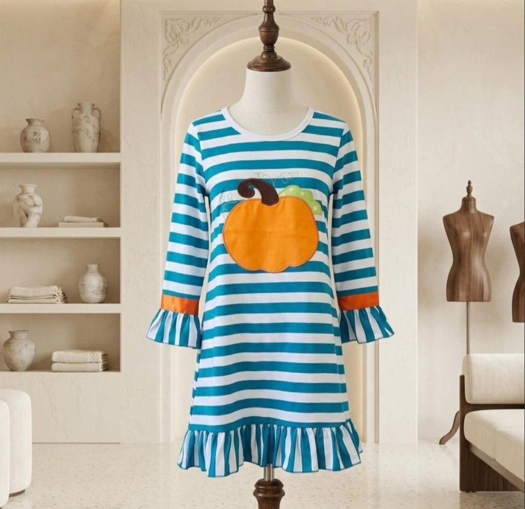 Amor Babee Pumpkin Appliqué Dress Turquoise Stripe Ruffle Sz 6-7