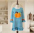 Amor Babee Pumpkin Appliqué Dress Turquoise Stripe Ruffle Sz 6-7
