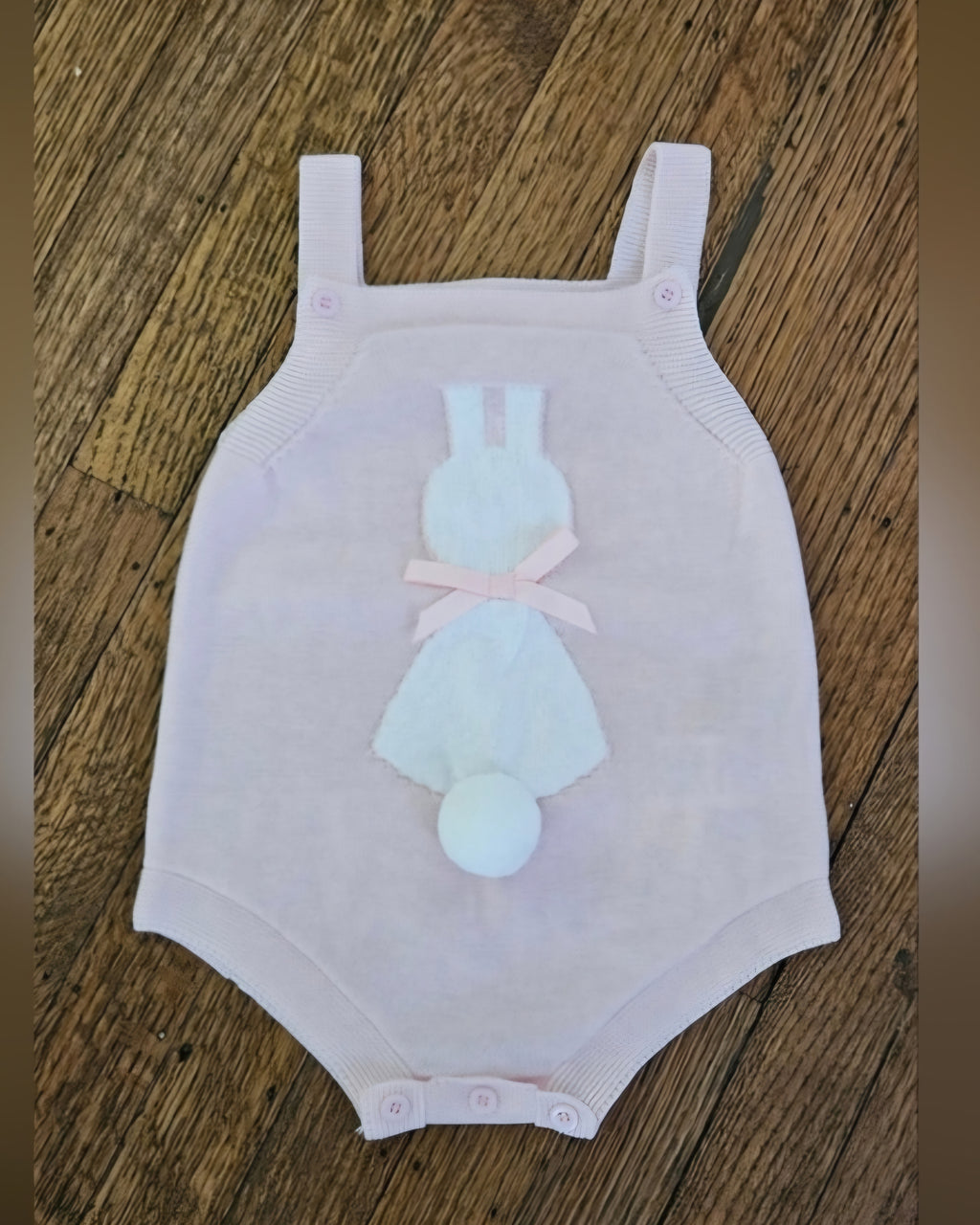 Bunny Knit Overall Romper With Bow & Cotton Ball Tail Sz 9-12 M