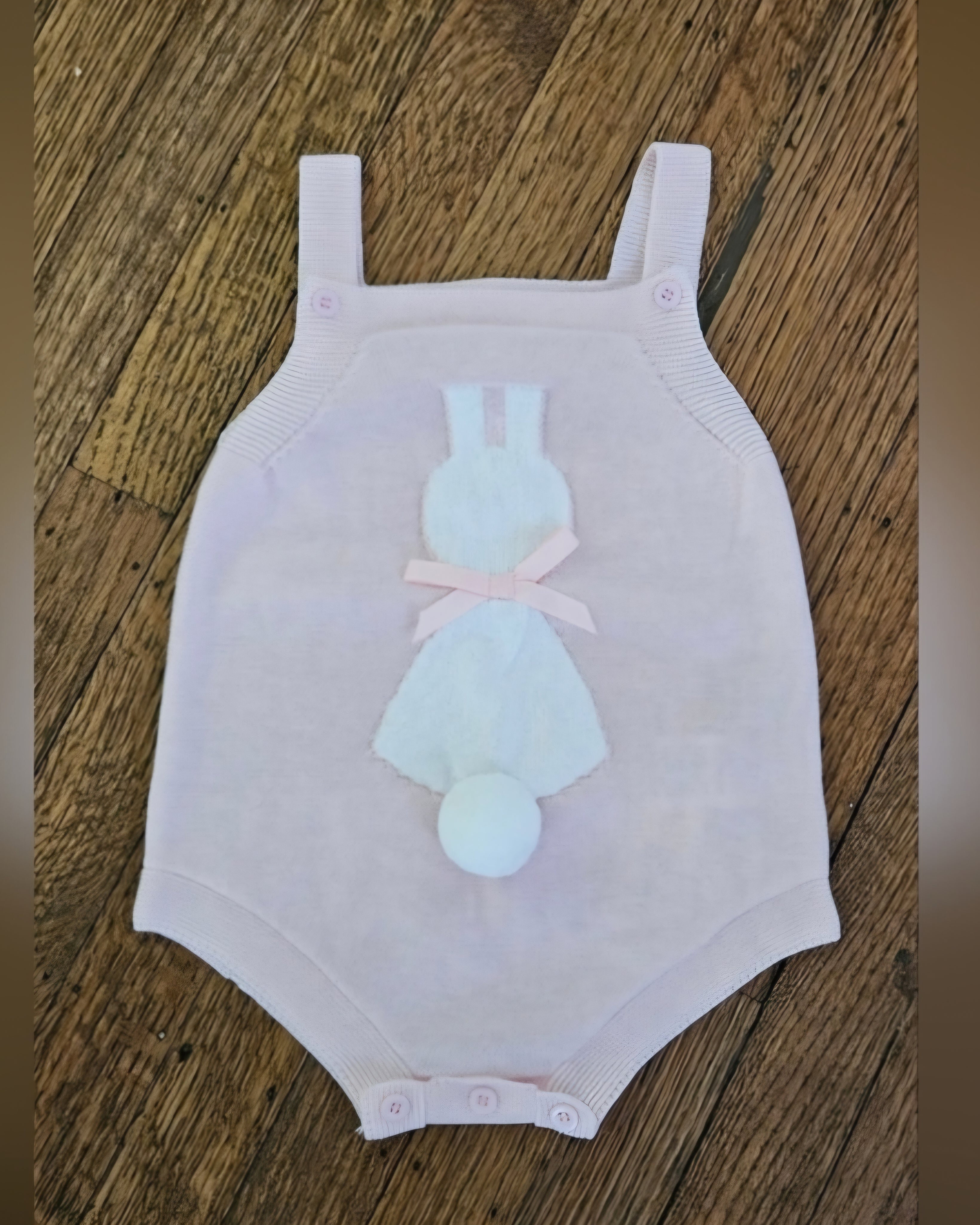 Bunny Knit Overall Romper With Bow & Cotton Ball Tail Sz 9-12 M