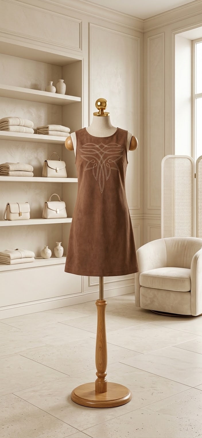 Coffee Geometric Embroidery Sleeveless Corduroy Shift Dress Online Only