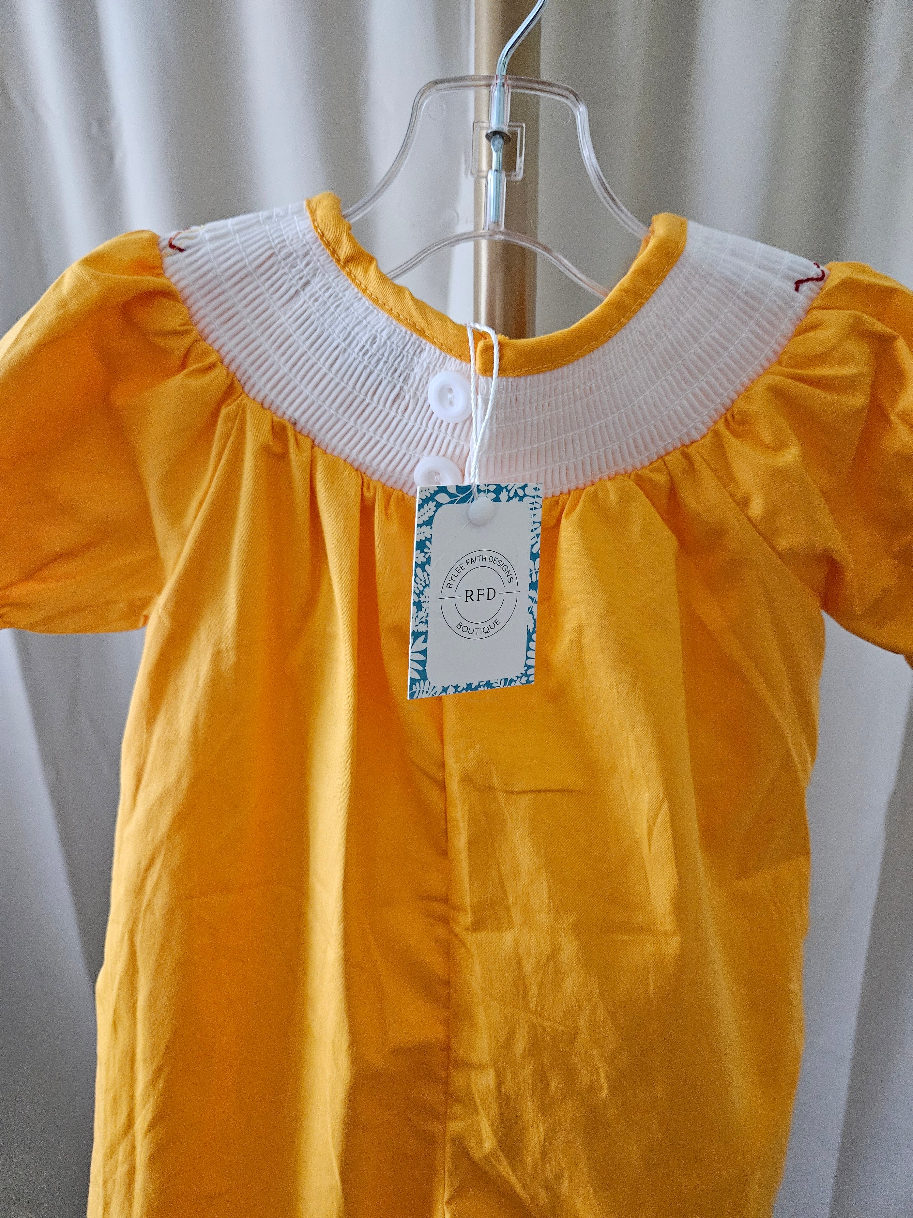 Rylee Faith Designs Smocked Fall Pumpkin Romper | Sizes 3M, 6M, 12M & 18M