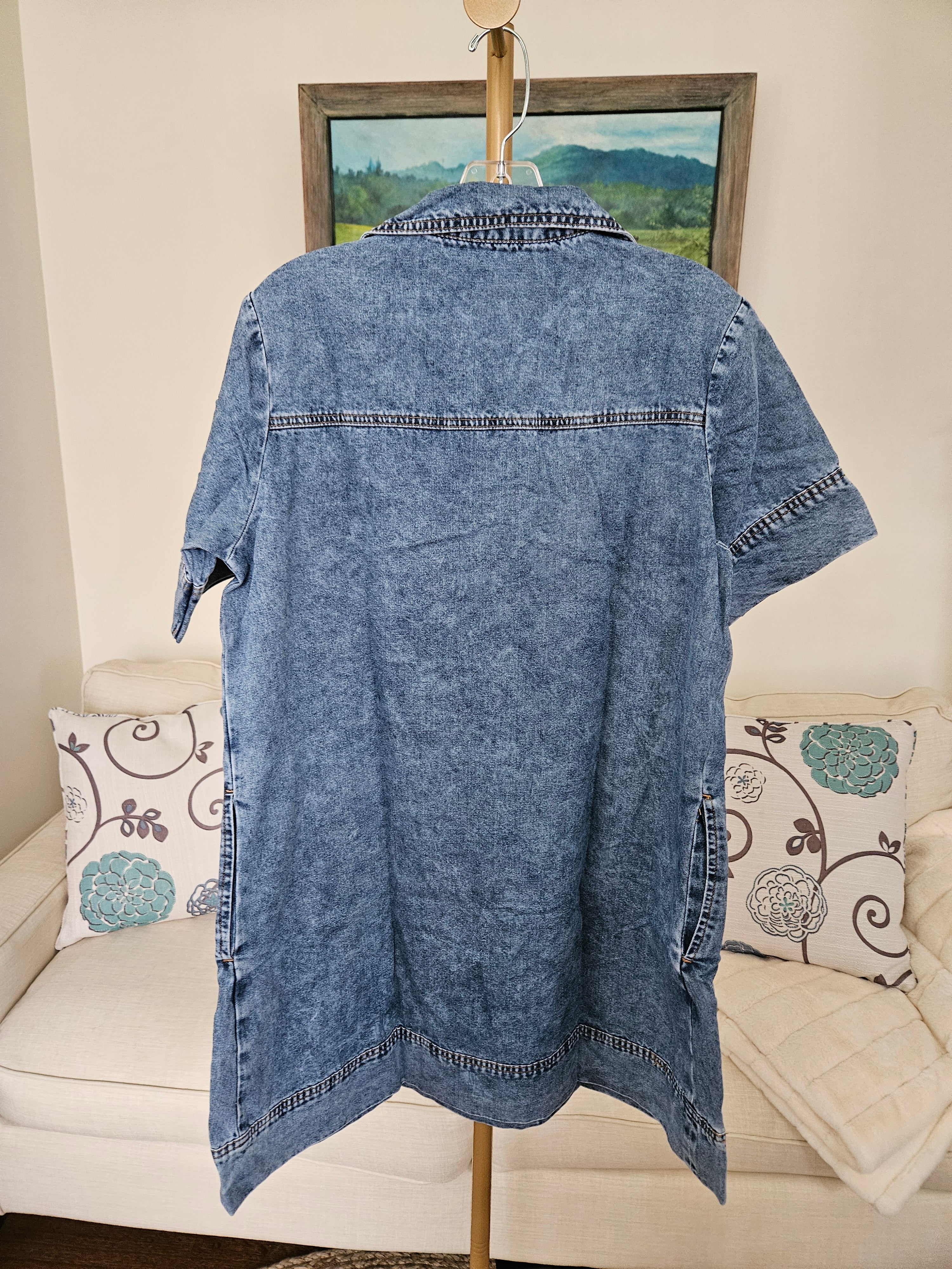 Lovesoft Turn-Down Collar Denim Shift Mini Dress With Pockets Sz Lg