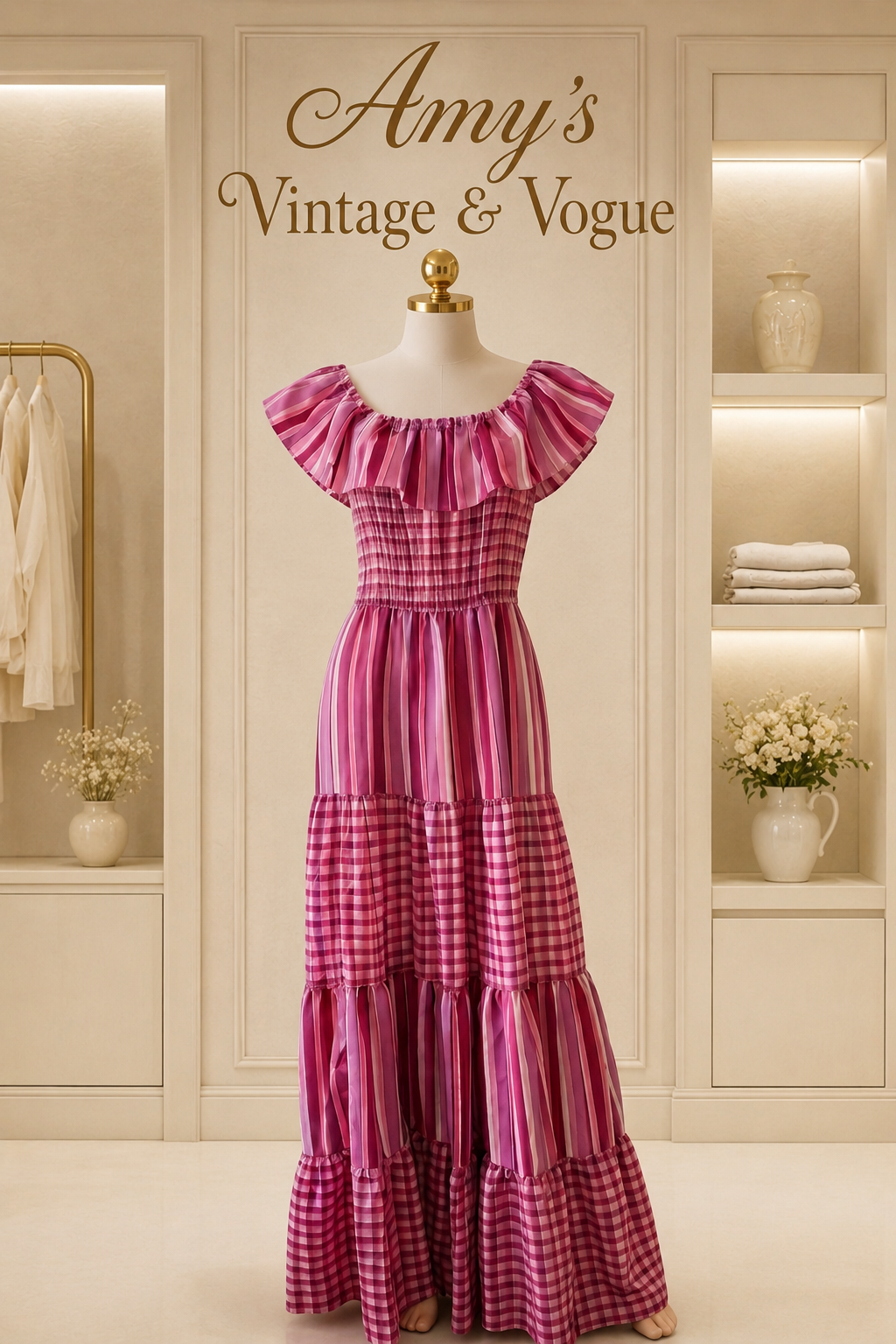L'atiste by Amy Dusty Pink Plaid & Striped Off-Shoulder Maxi Dress | Size Small