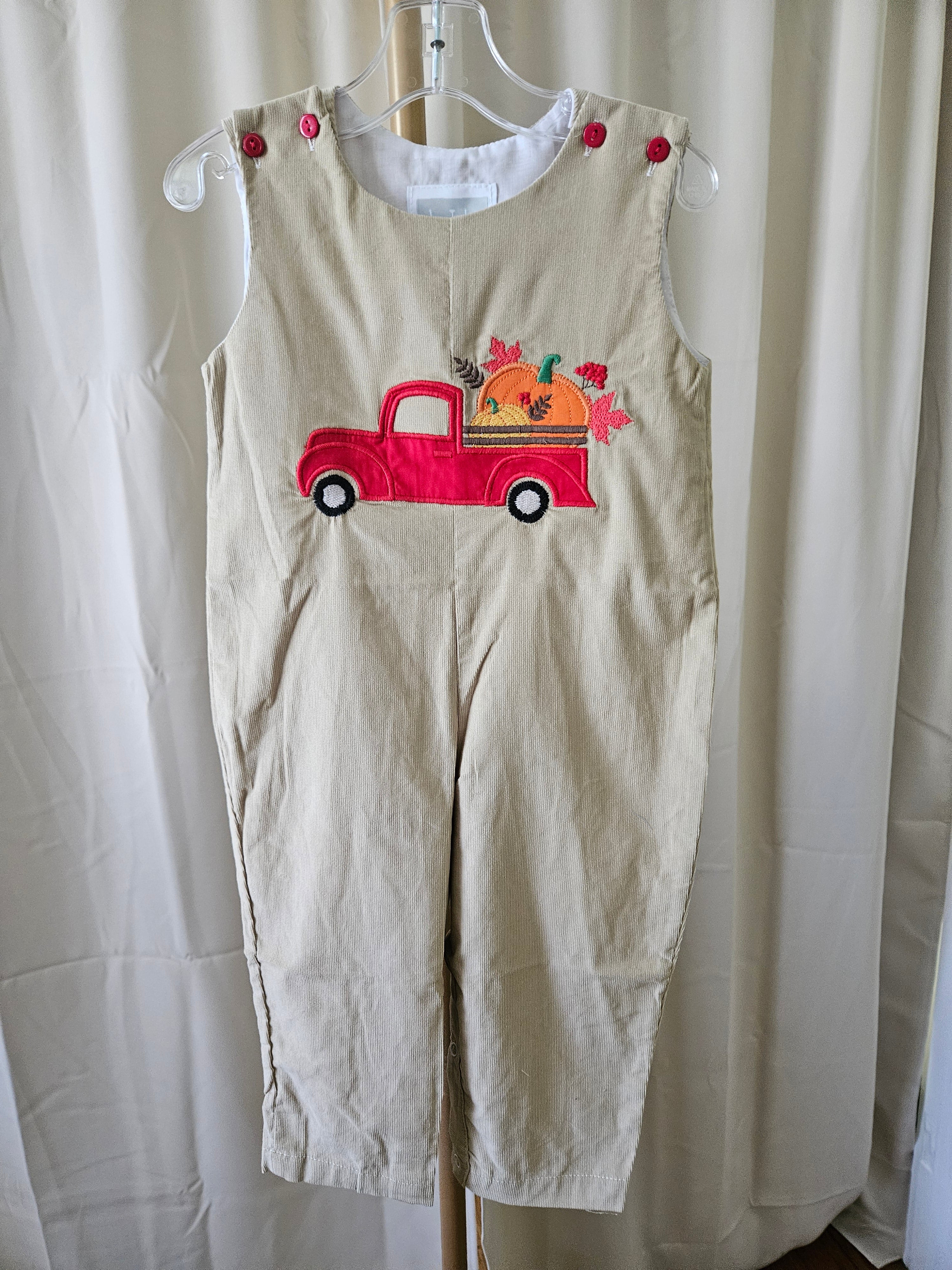 Lil Cactus Tan Corduroy Jon Jon w/ Truck & Pumpkin Appliqué Sz 2T