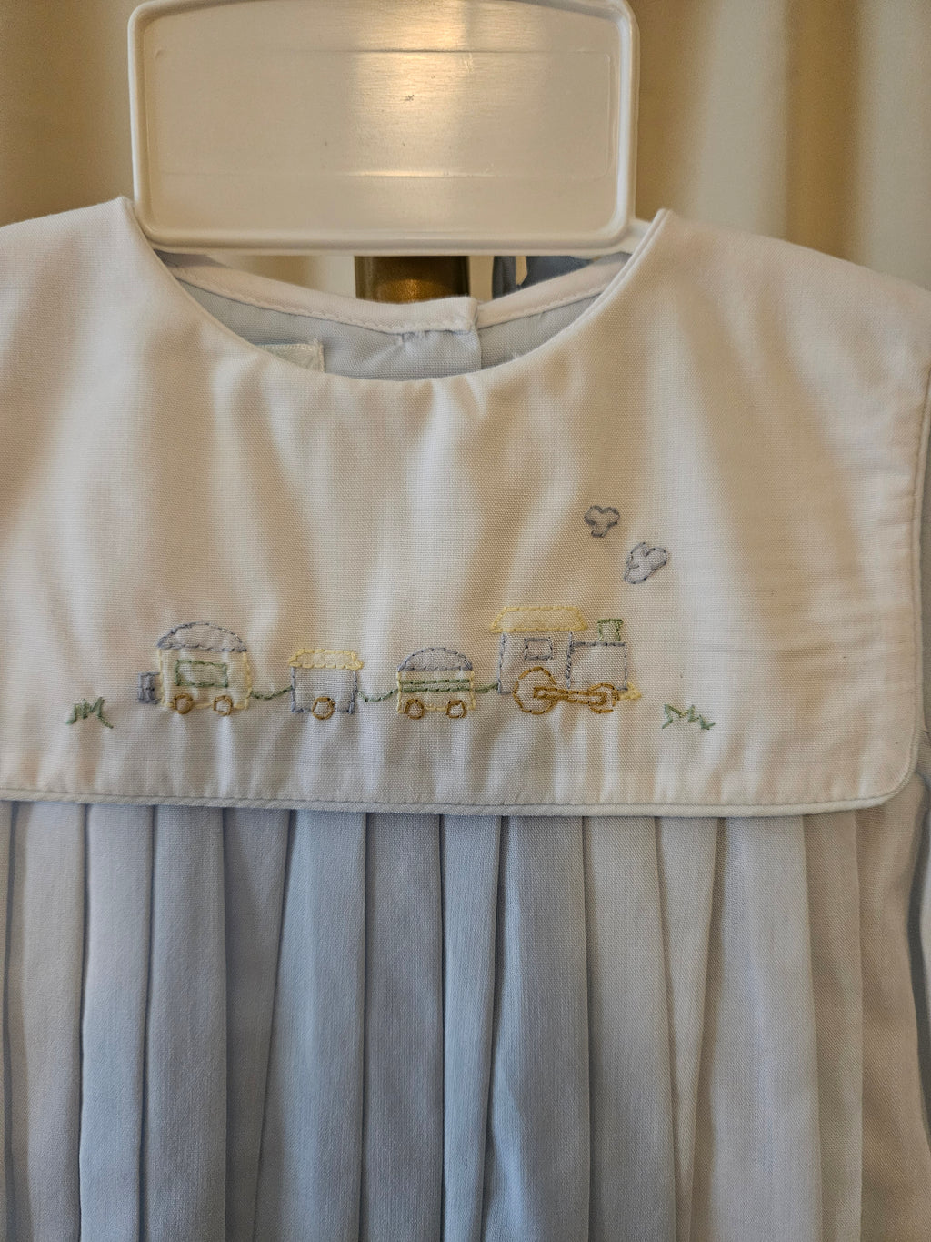 Heirloom Blue & White Train Embroidered Bubble – Petit Ami NB/3M 💙