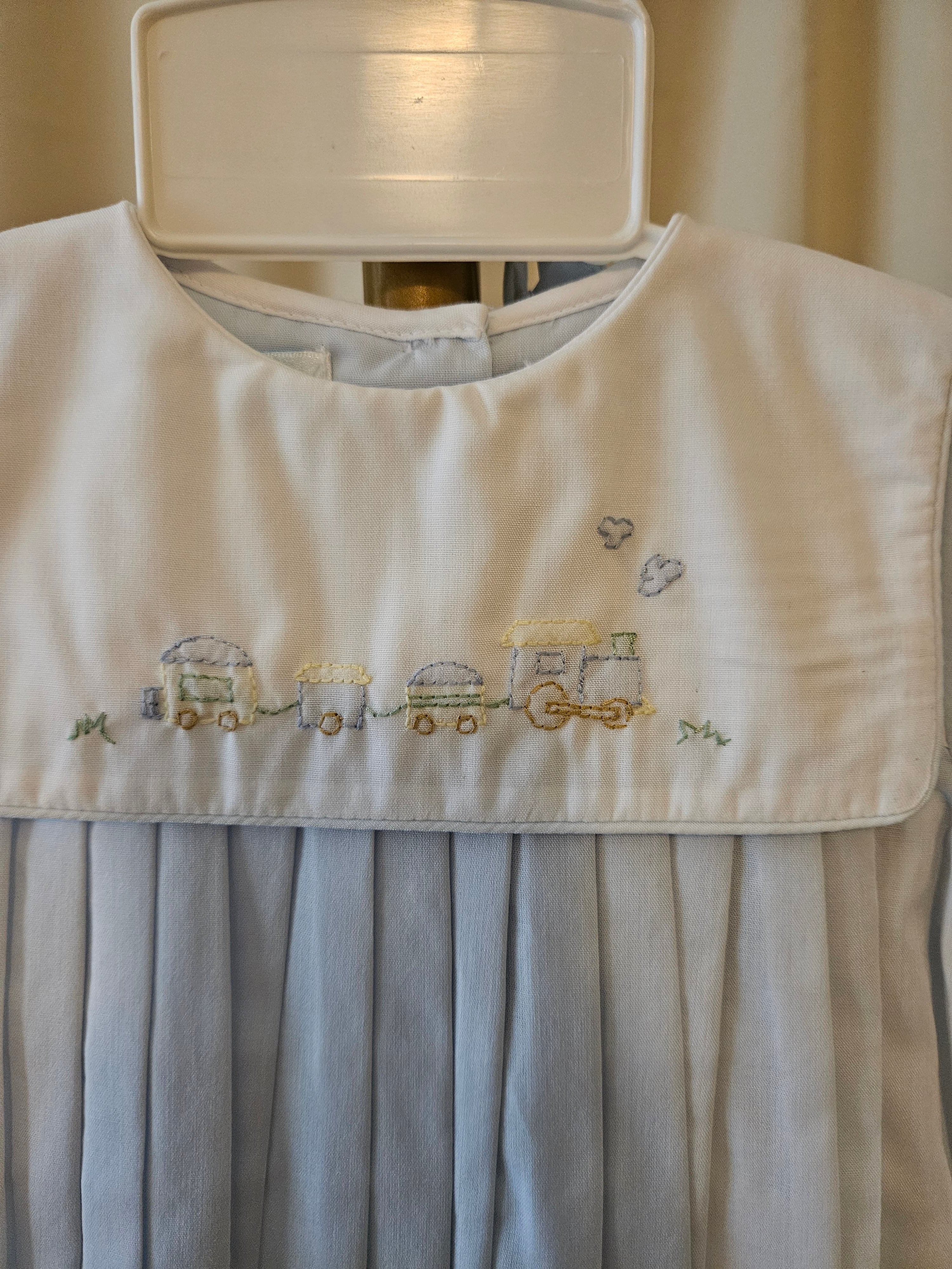 Heirloom Blue & White Train Embroidered Bubble – Petit Ami NB/3M 💙