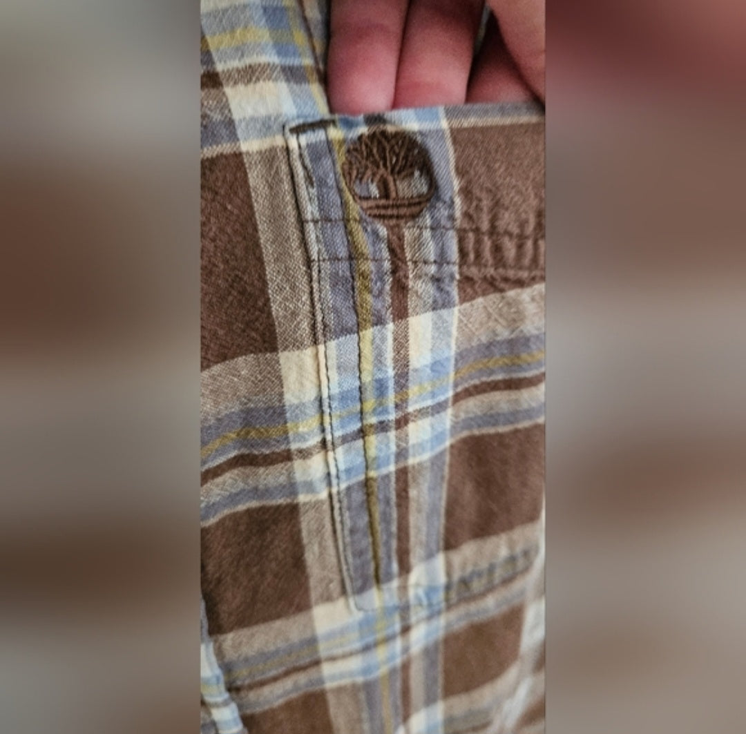 Timberland Plaid Linen Blend Short Sleeve Button Down Size Medium