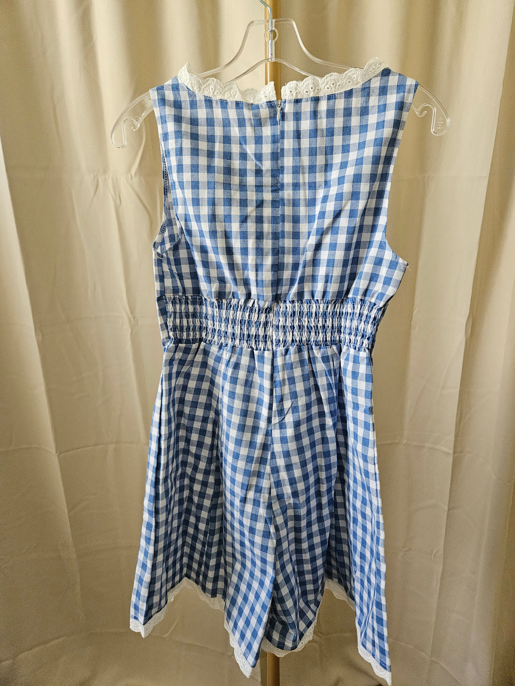 Anna-Kaci Baby Blue & White Checkered Lace Trim Romper