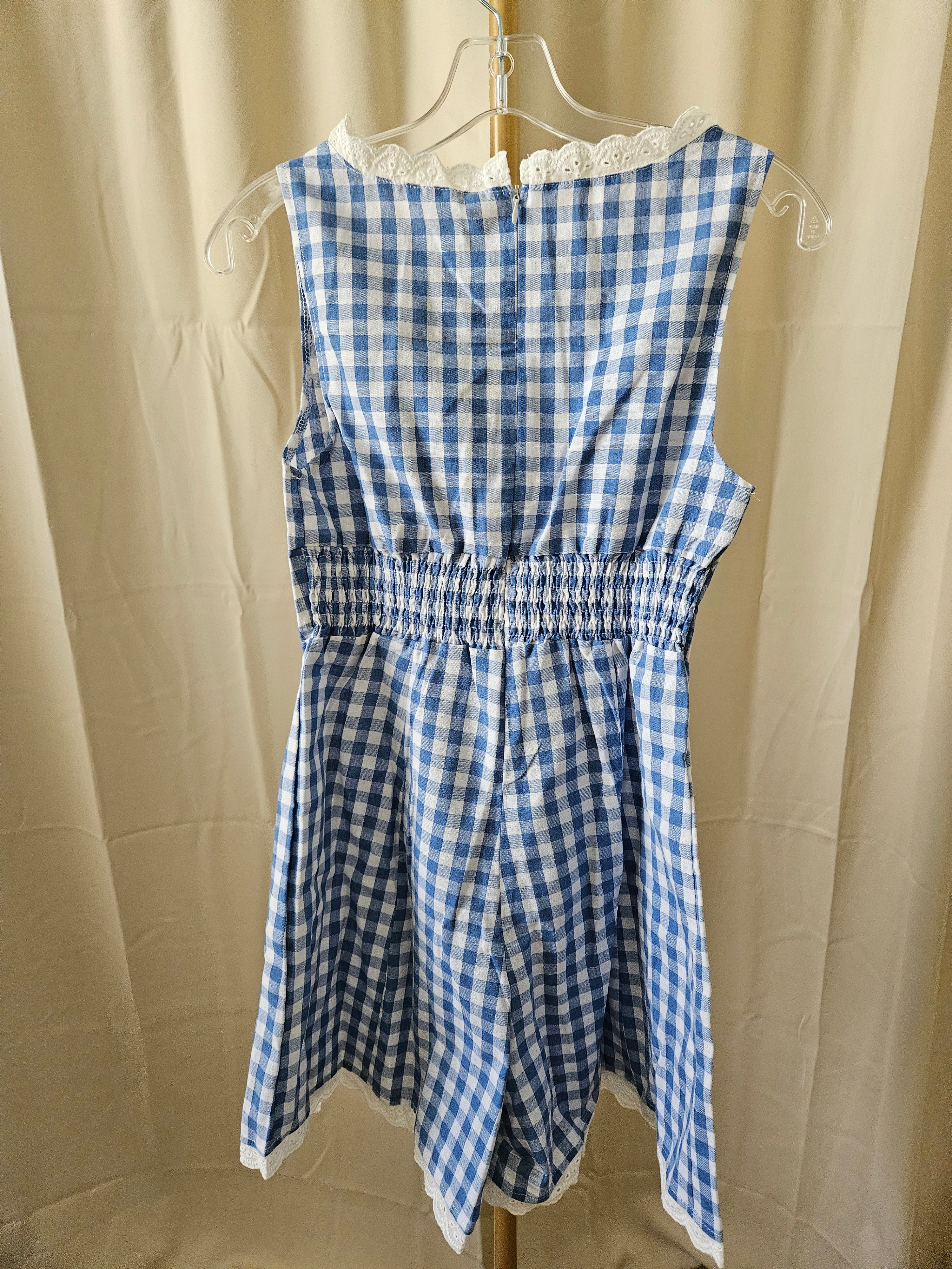 Anna-Kaci Baby Blue & White Checkered Lace Trim Romper