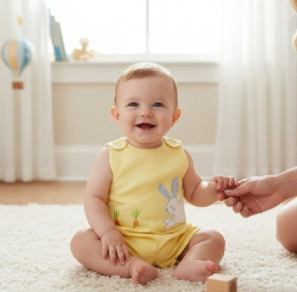 Petit Ami Yellow Sunsuit With Bunny and Carrot Appliques