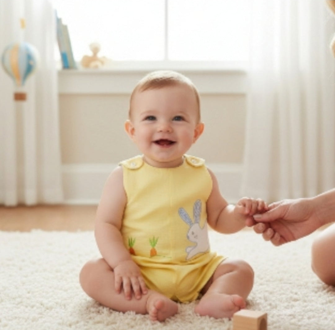 Petit Ami Yellow Sunsuit With Bunny and Carrot Appliques