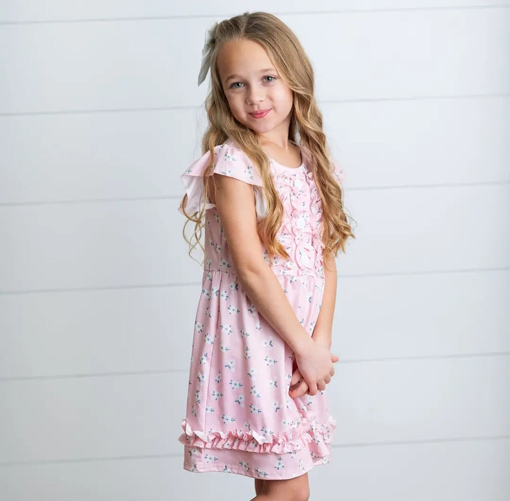 Adorable Sweetness Pink Blush Dainty Flower Button Ruffle Spring Dress Sz 10/12