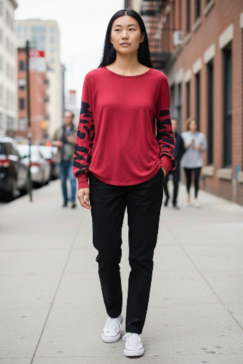 LoveU.Dear Deep Red and Black Long Sleeve Asymmetrical Blouse Sz Sm