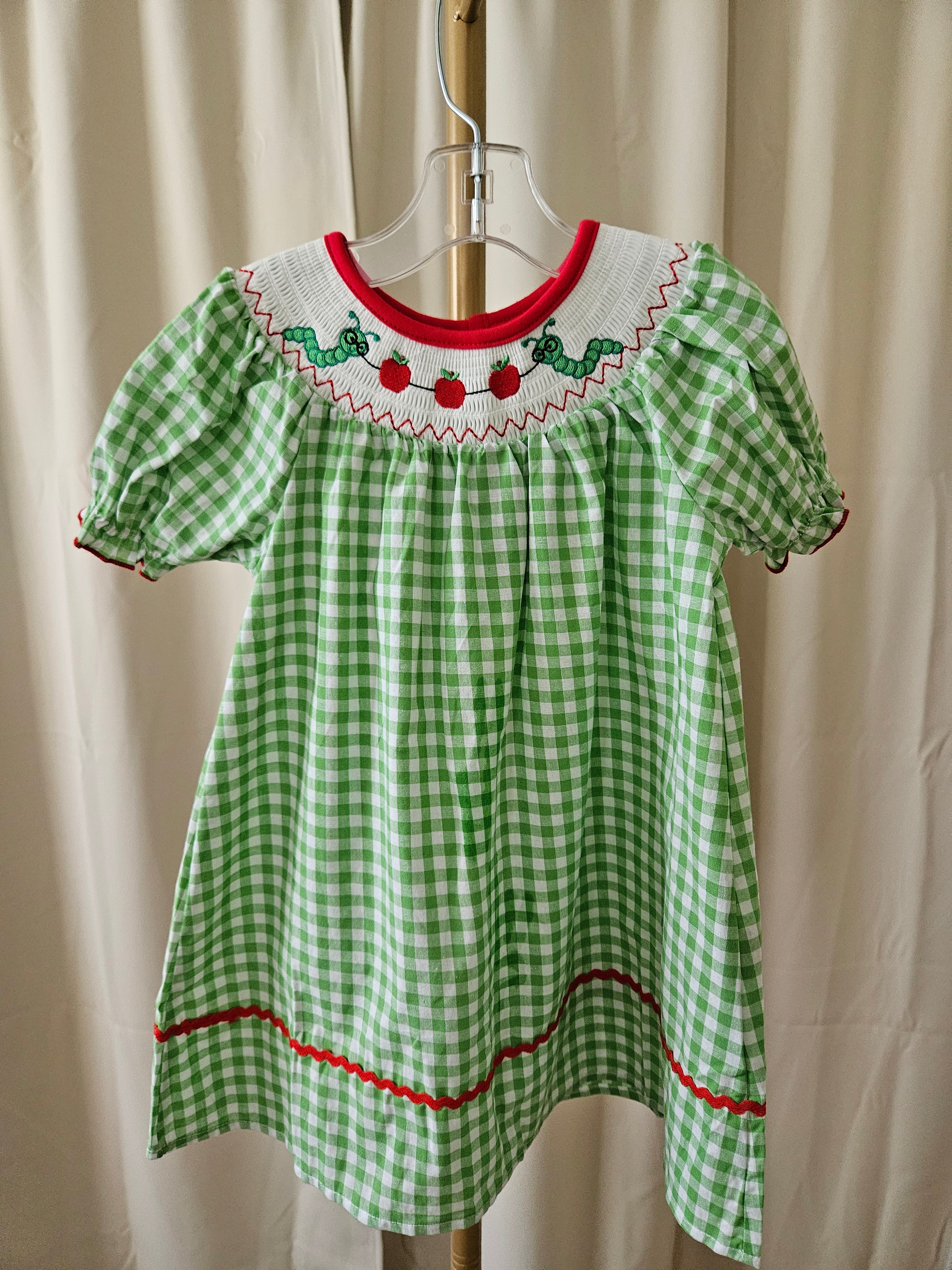 Rylee Faith Designs Smocked Bookworm Bishop Dress Green Gingham Girls