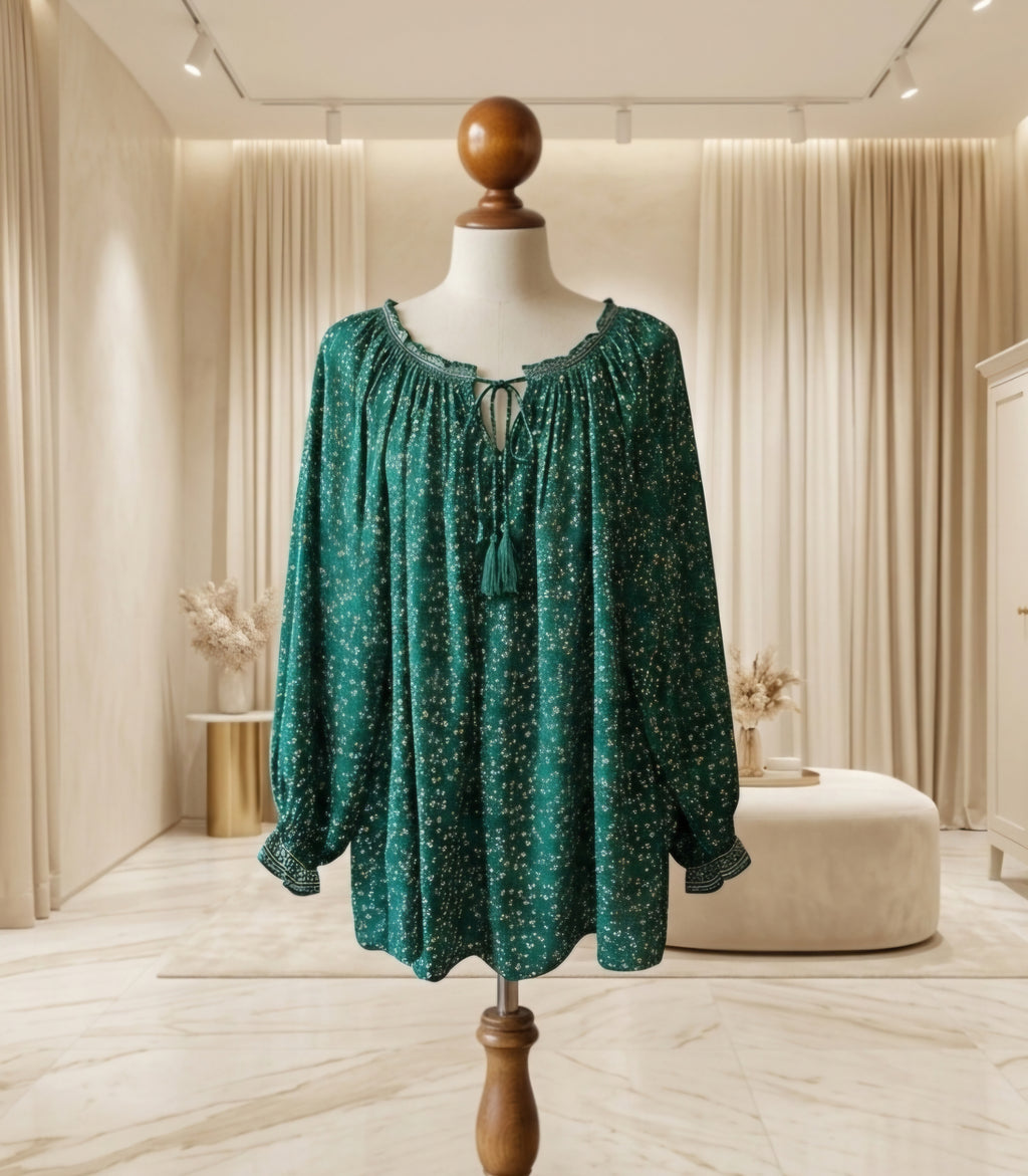 Max Studio Emerald Green Floral V-Neck Tie Blouse Size 2X