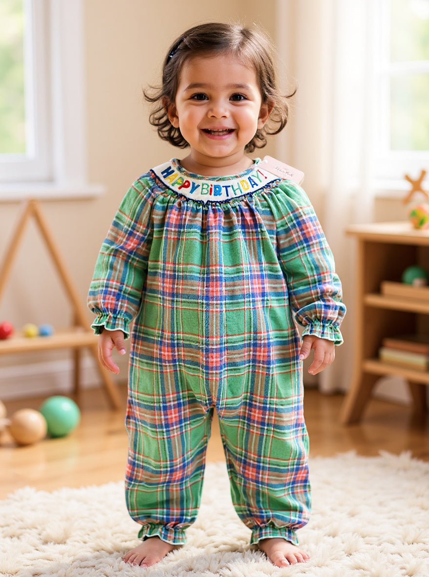 Marie Nicole Plaid Smocked Birthday Romper Sz 12-18M