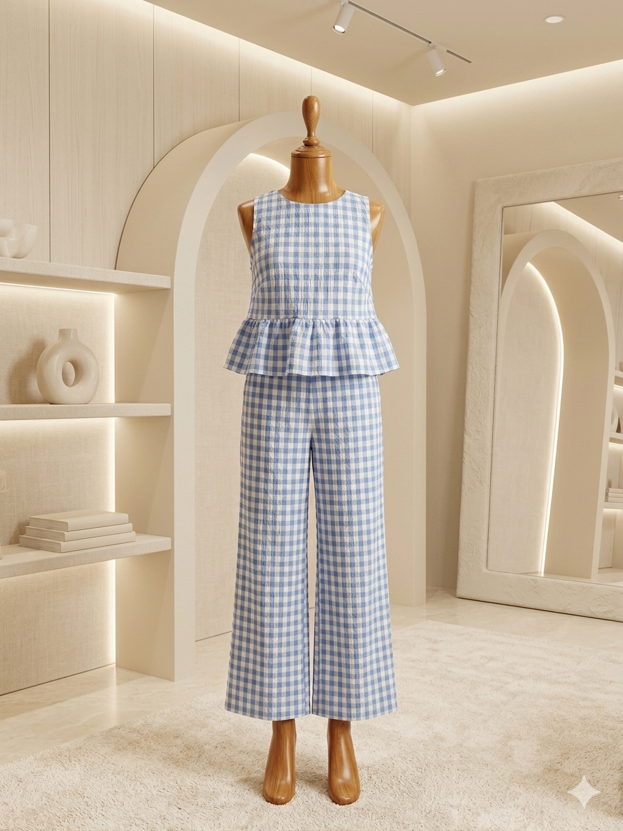 Blue & White Gingham 2-Piece Set | Open Back Top & Wide Leg Pants