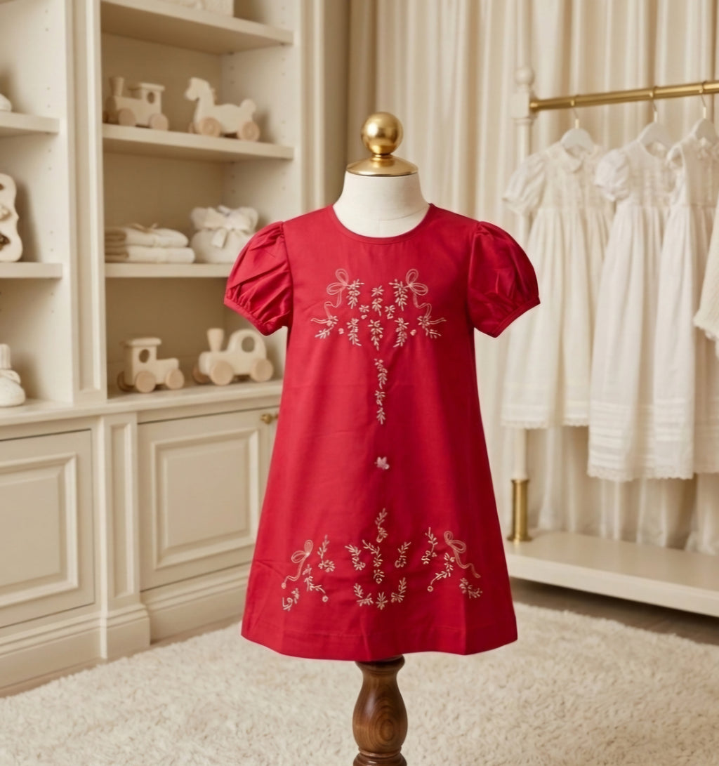 Love Me Hand Embroidered Red Heirloom Puff Sleeve A-Line Dress