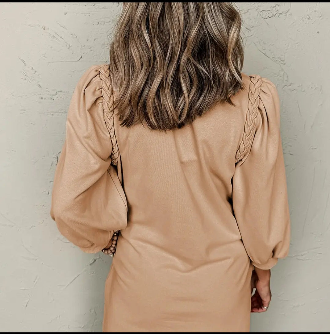 Lovesoft Light French Beige Braided Trim Puff Sleeve Dress Sz Med