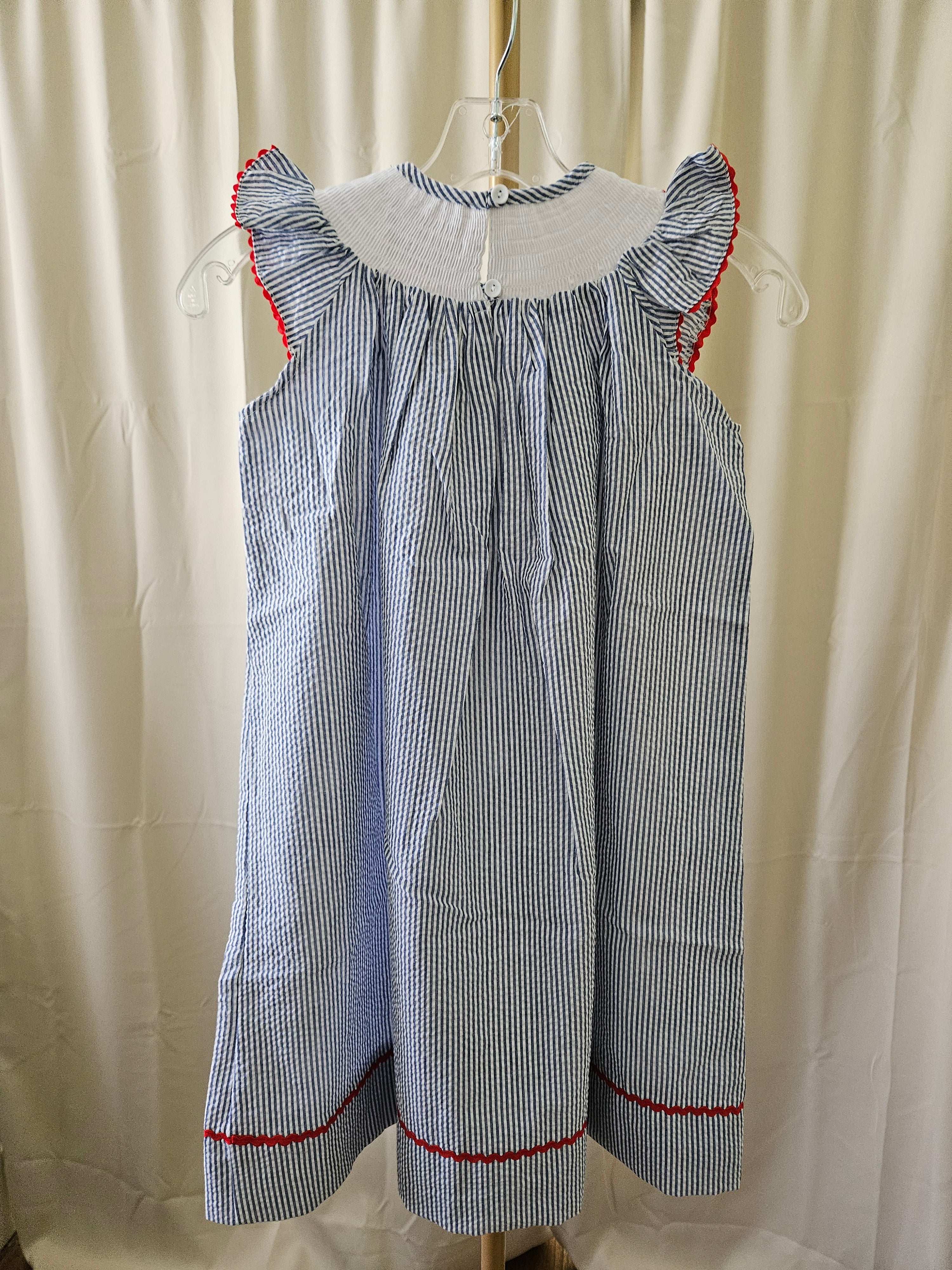 Lil Cactus Blue & White Seersucker Smocked Baseball Dress