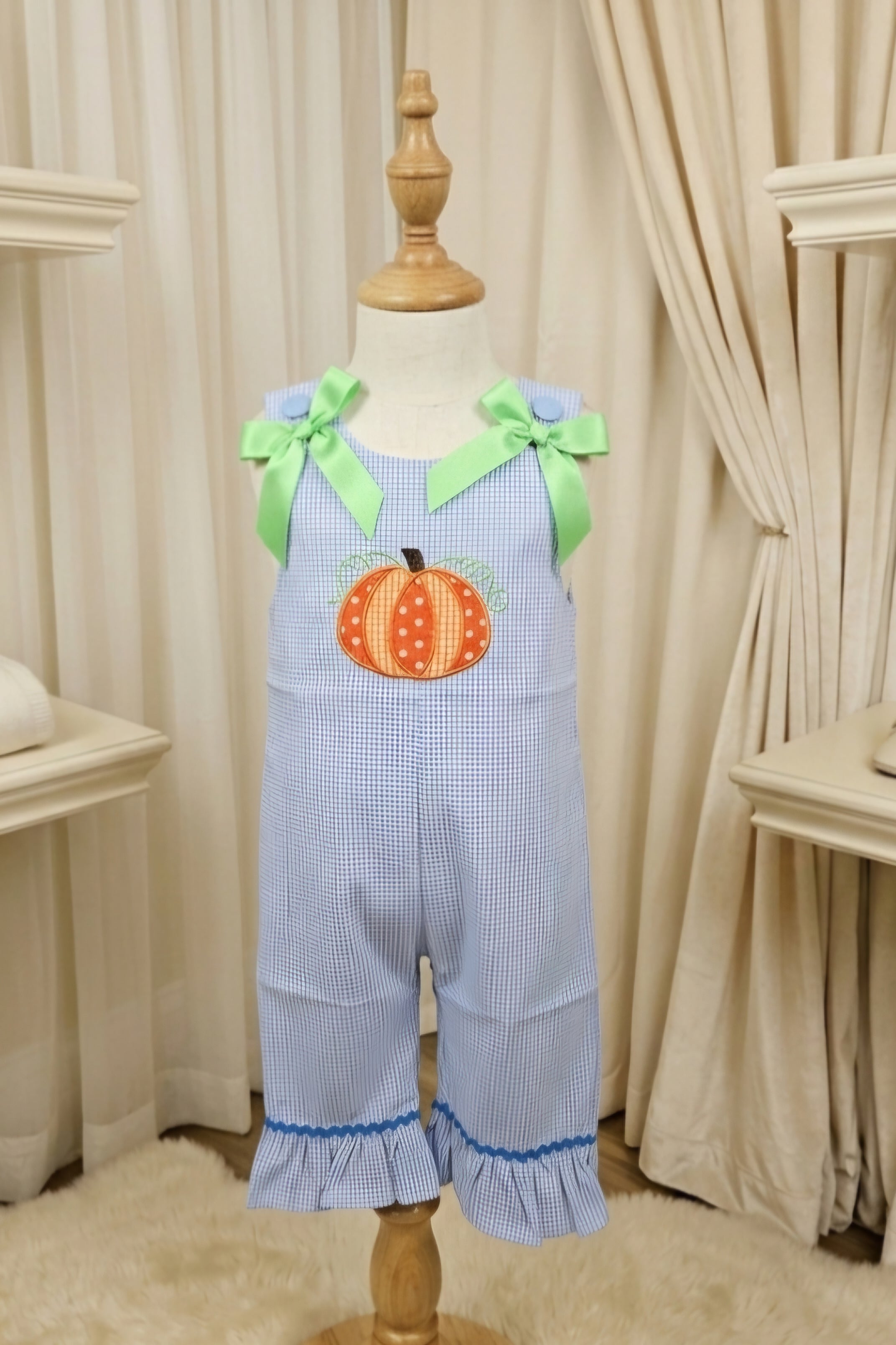 Lil Cactus Blue & White Gingham Pumpkin Appliqué Romper