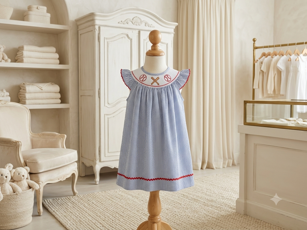Lil Cactus Blue & White Seersucker Smocked Baseball Dress