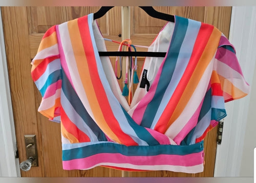 Aqua Cropped Striped Flutter Sleeve Blouse, Side button Size Med,Fitted band 30"