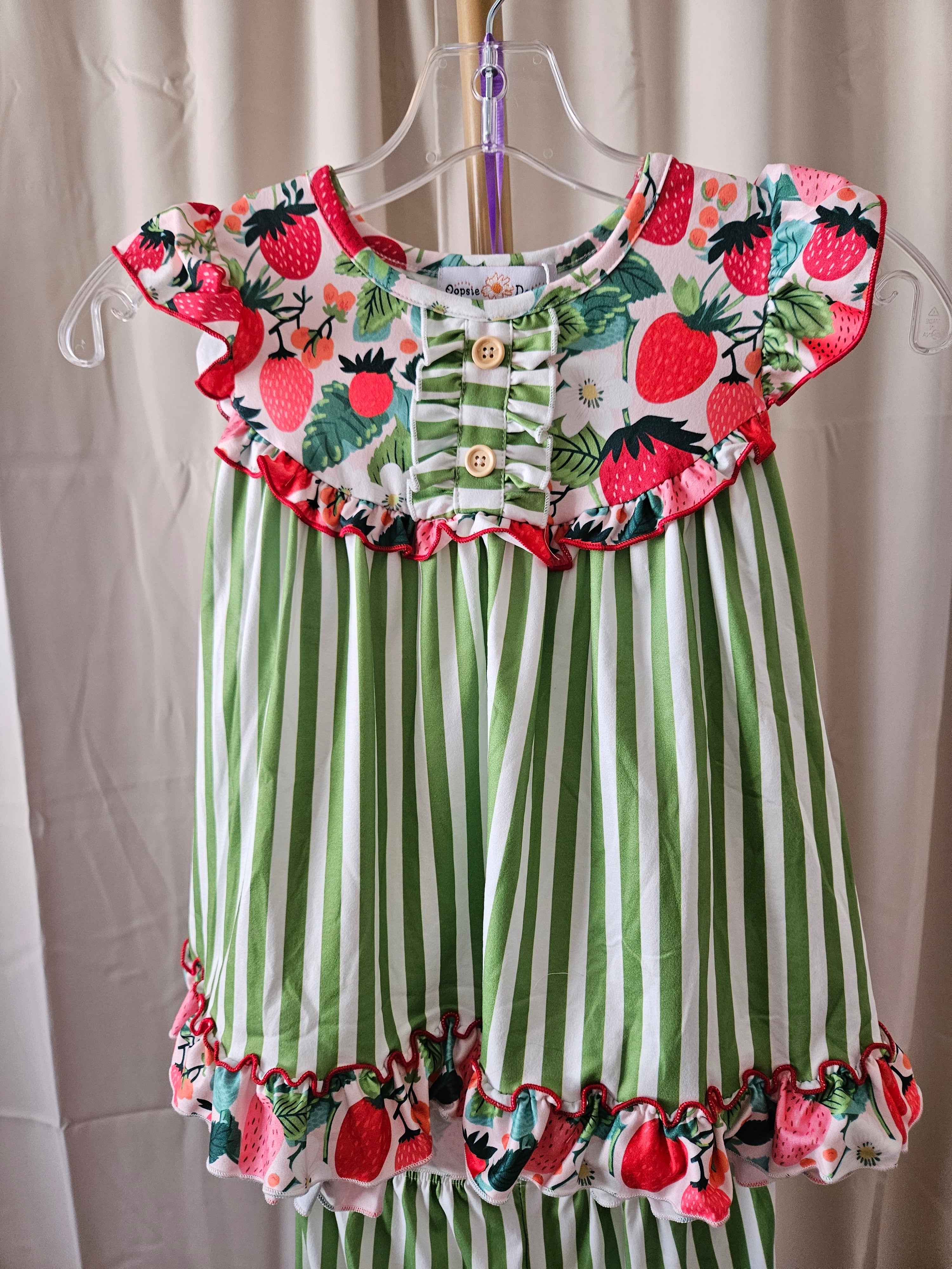 Oopsie Dasiy Lime Strawberry Stripe Ruffle Shorts Set