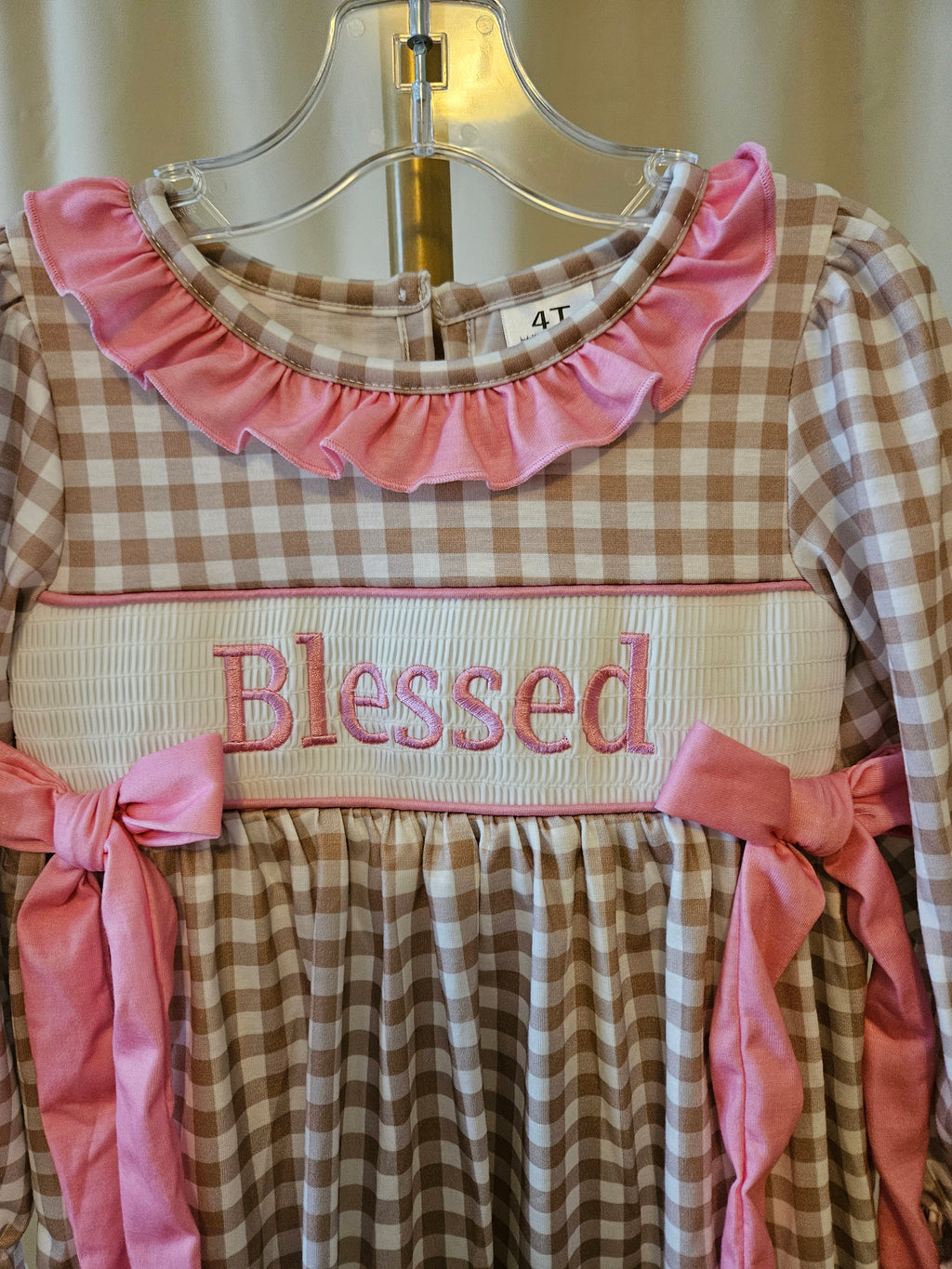 Custom Made Brown and White Gingham Blessed Dress Size 4T