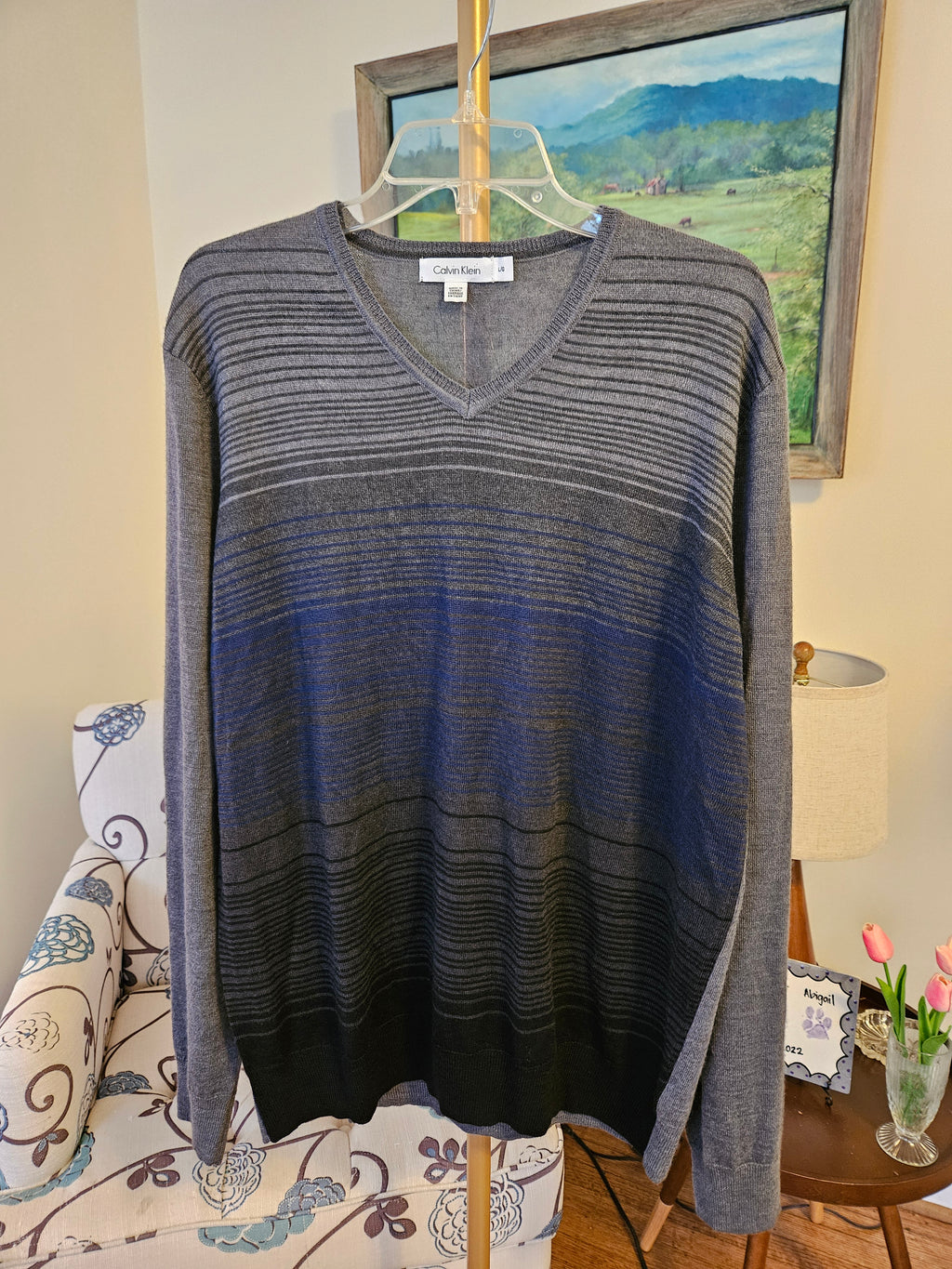 Calvin Klein Charcoal and Black Knit Striped Sweater Sz Lg