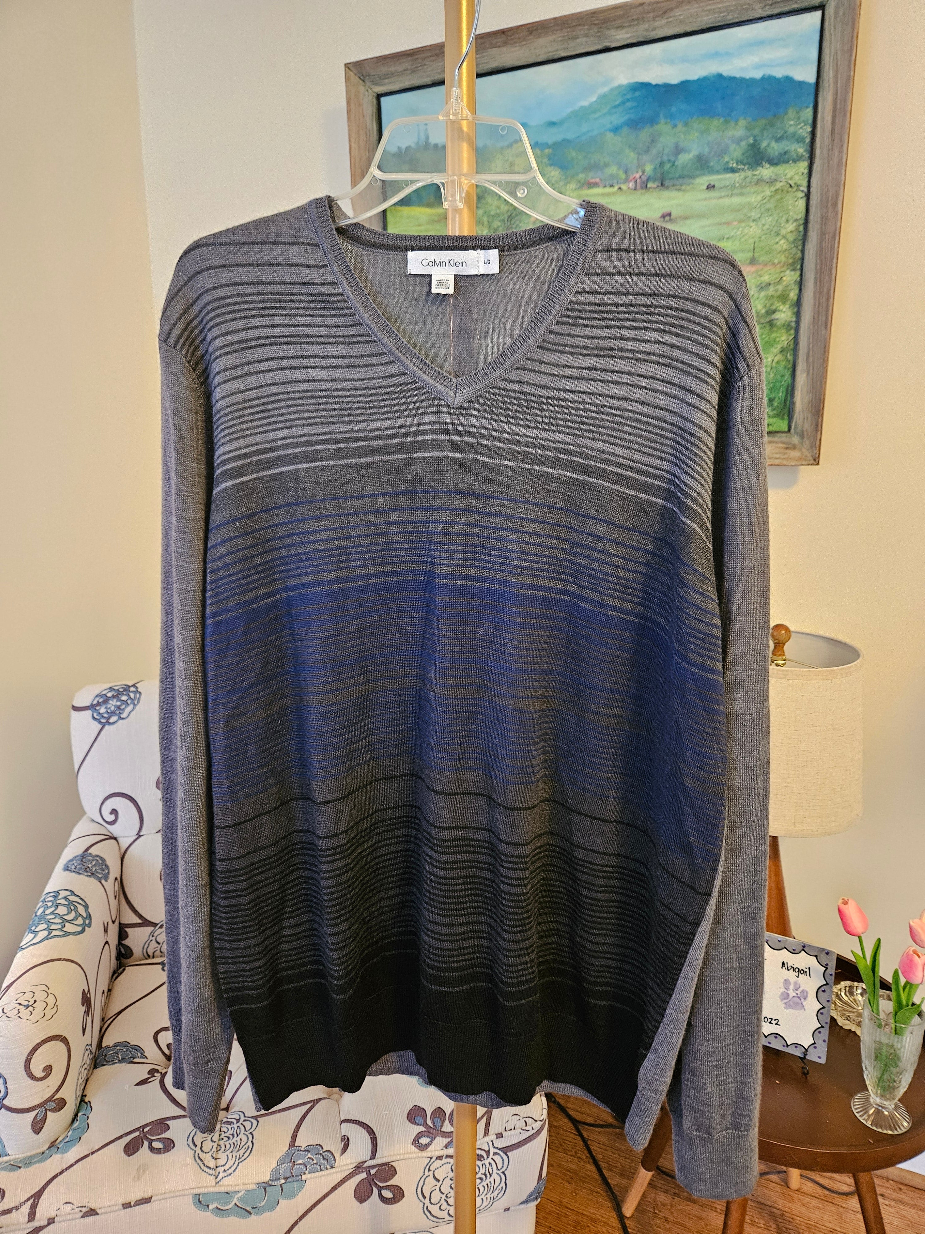 Calvin Klein Charcoal and Black Knit Striped Sweater Sz Lg